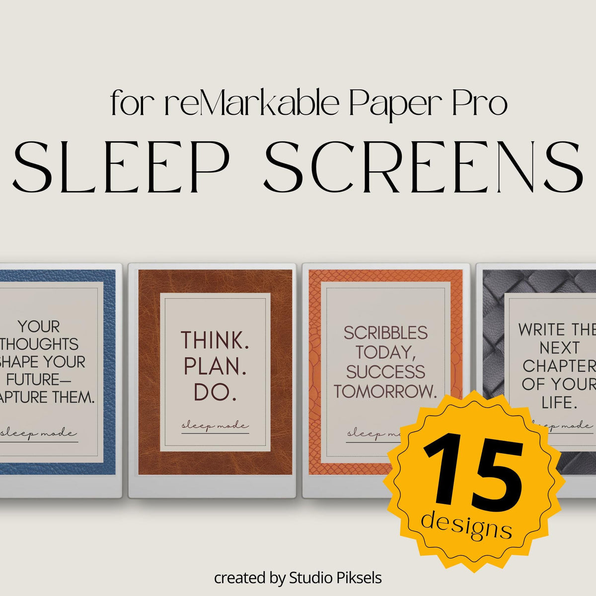 Motivational sleep screen bundle for the reMarkable Paper Pro featuring 15 digital PNG background designs with minimalist typography and notebook textures.