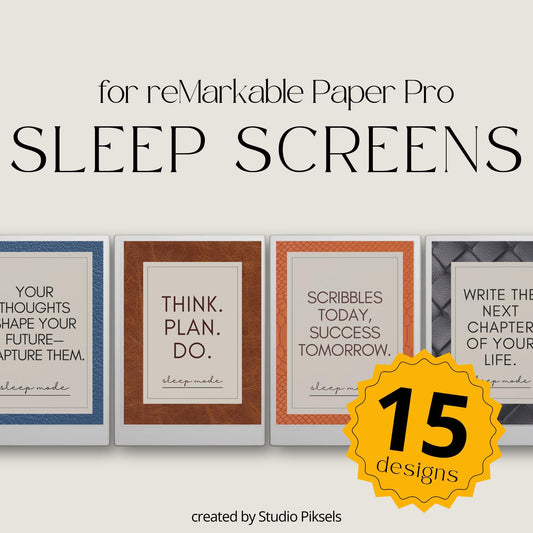 Motivational sleep screen bundle for the reMarkable Paper Pro featuring 15 digital PNG background designs with minimalist typography and notebook textures.