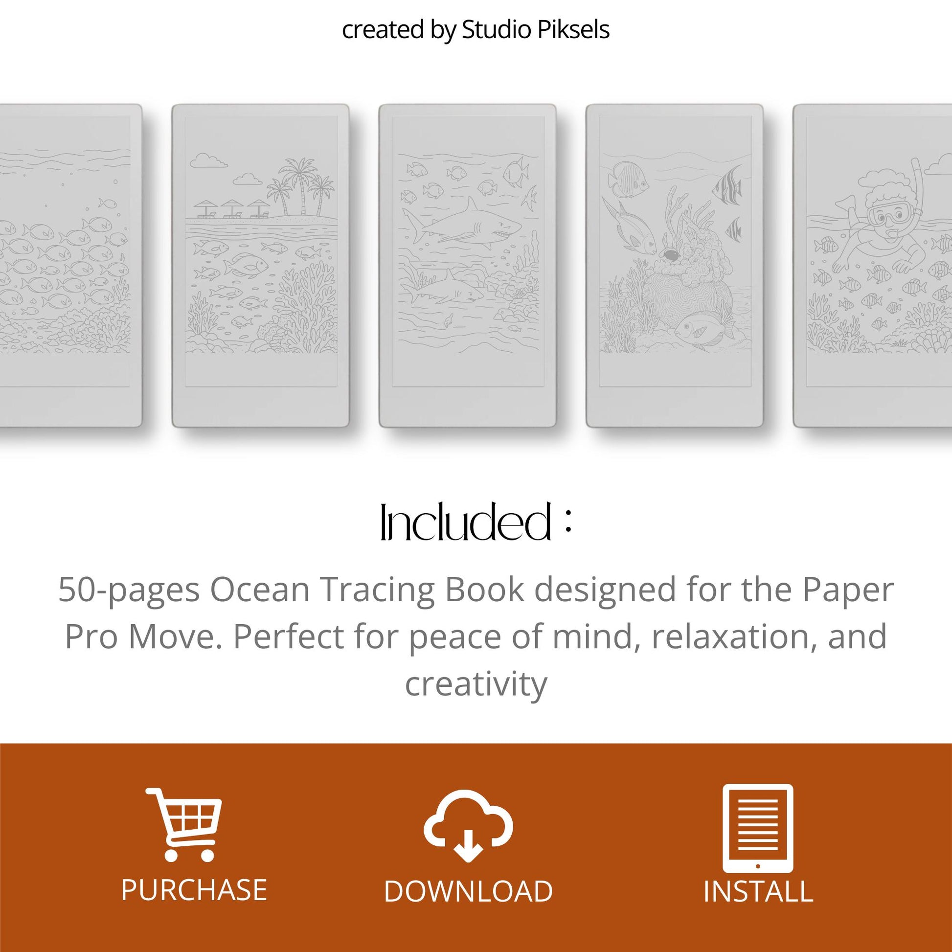 Ocean Life Tracing Book for reMarkable Paper Pro Move. Sea Life Tracing Pages with Underwater Animals for Relaxation