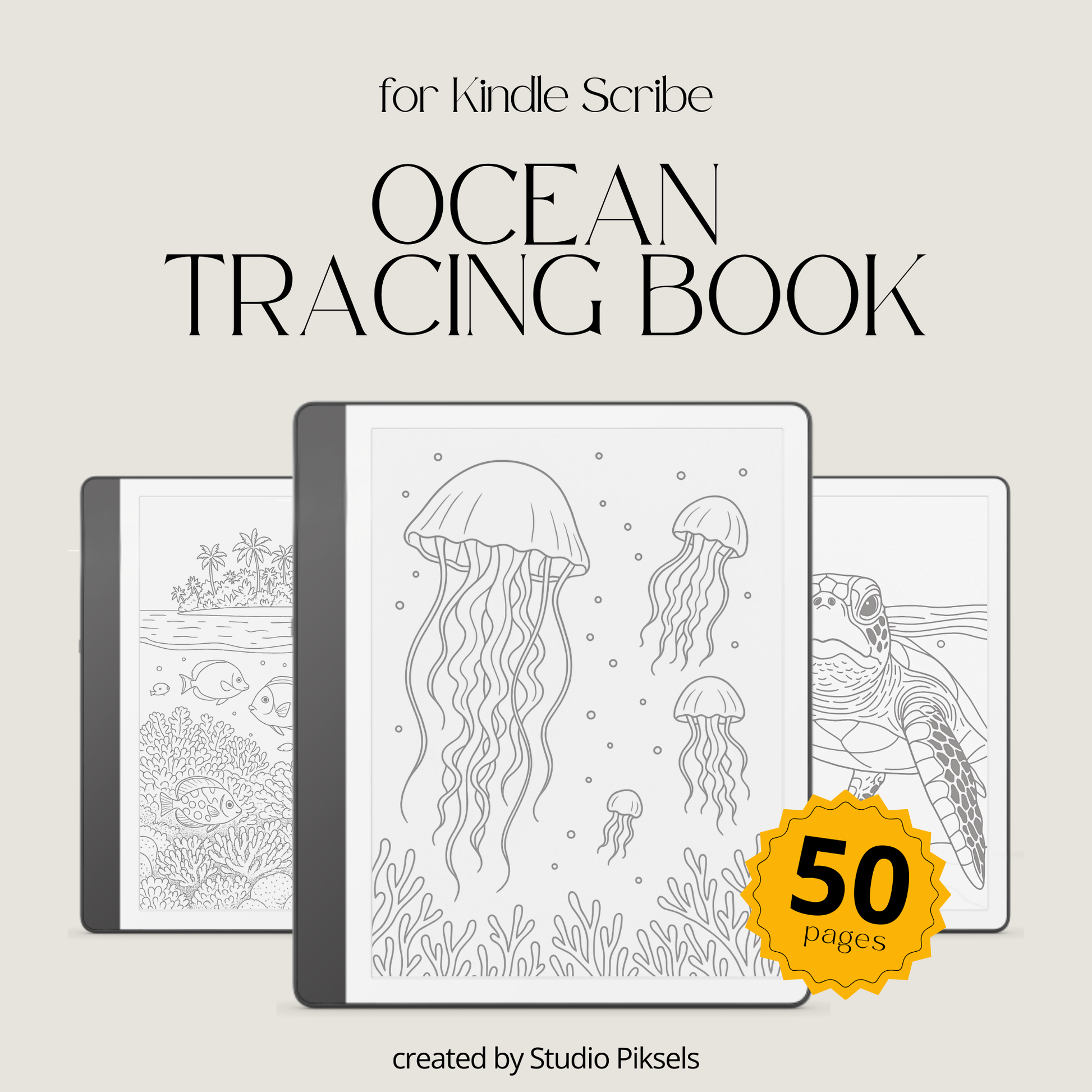 Ocean Tracing Book for Kindle Scribe featuring ocean animal tracing pages with dolphins, whales, turtles, coral reefs, and sea life illustrations for mindful digital drawing practice.