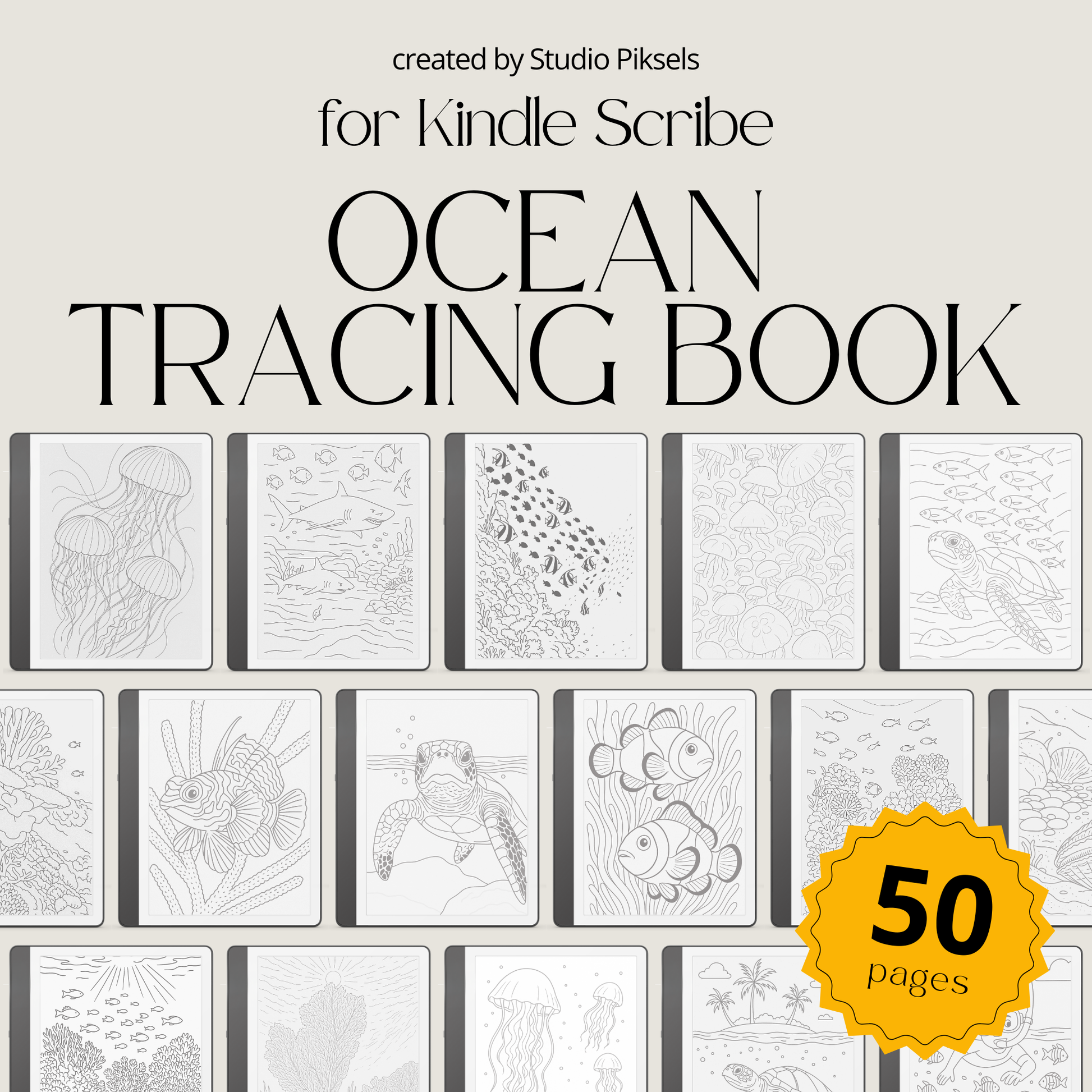Ocean Tracing Book for Kindle Scribe featuring ocean animal tracing pages with dolphins, whales, turtles, coral reefs, and sea life illustrations for mindful digital drawing practice.