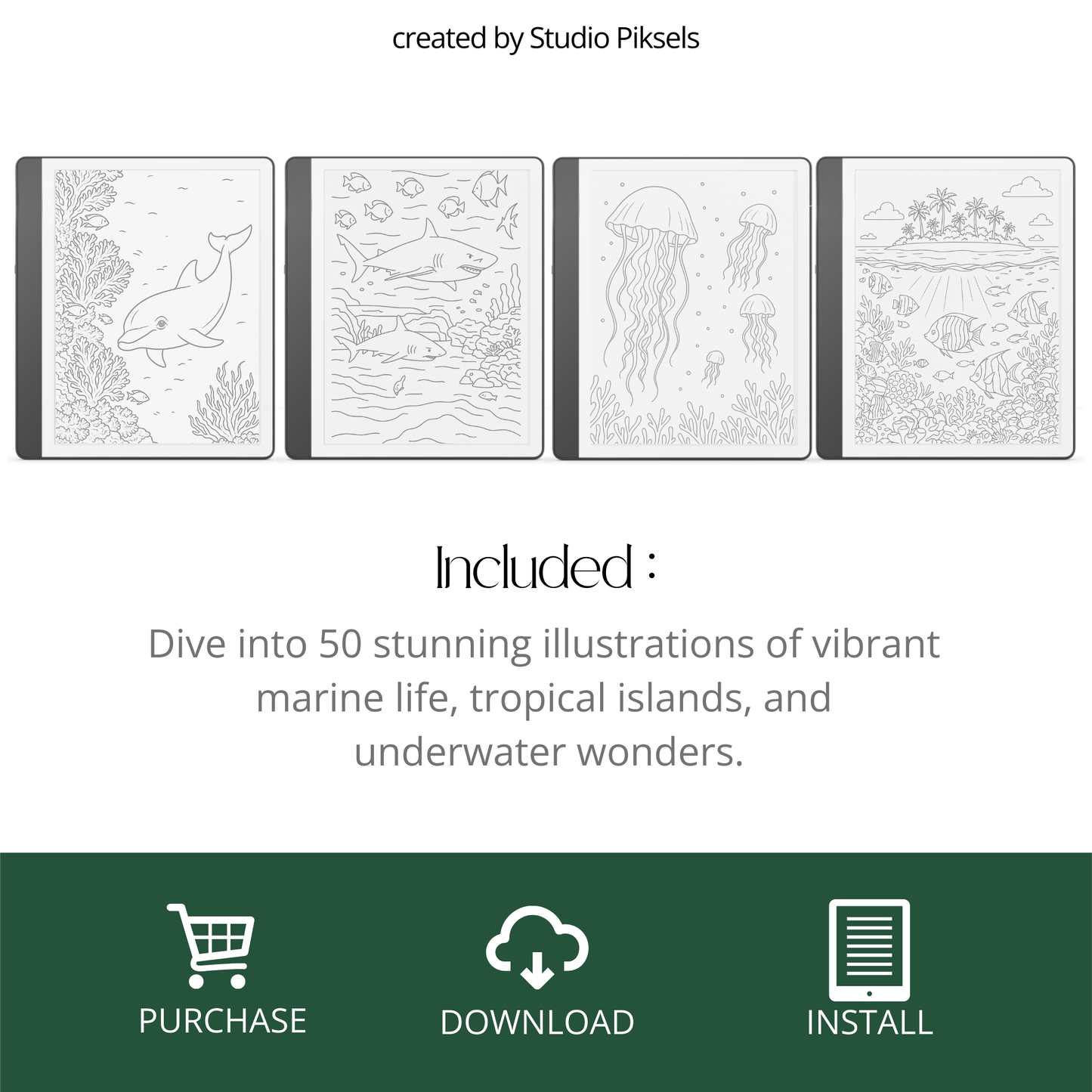Ocean Tracing Book for Kindle Scribe featuring ocean animal tracing pages with dolphins, whales, turtles, coral reefs, and sea life illustrations for mindful digital drawing practice.
