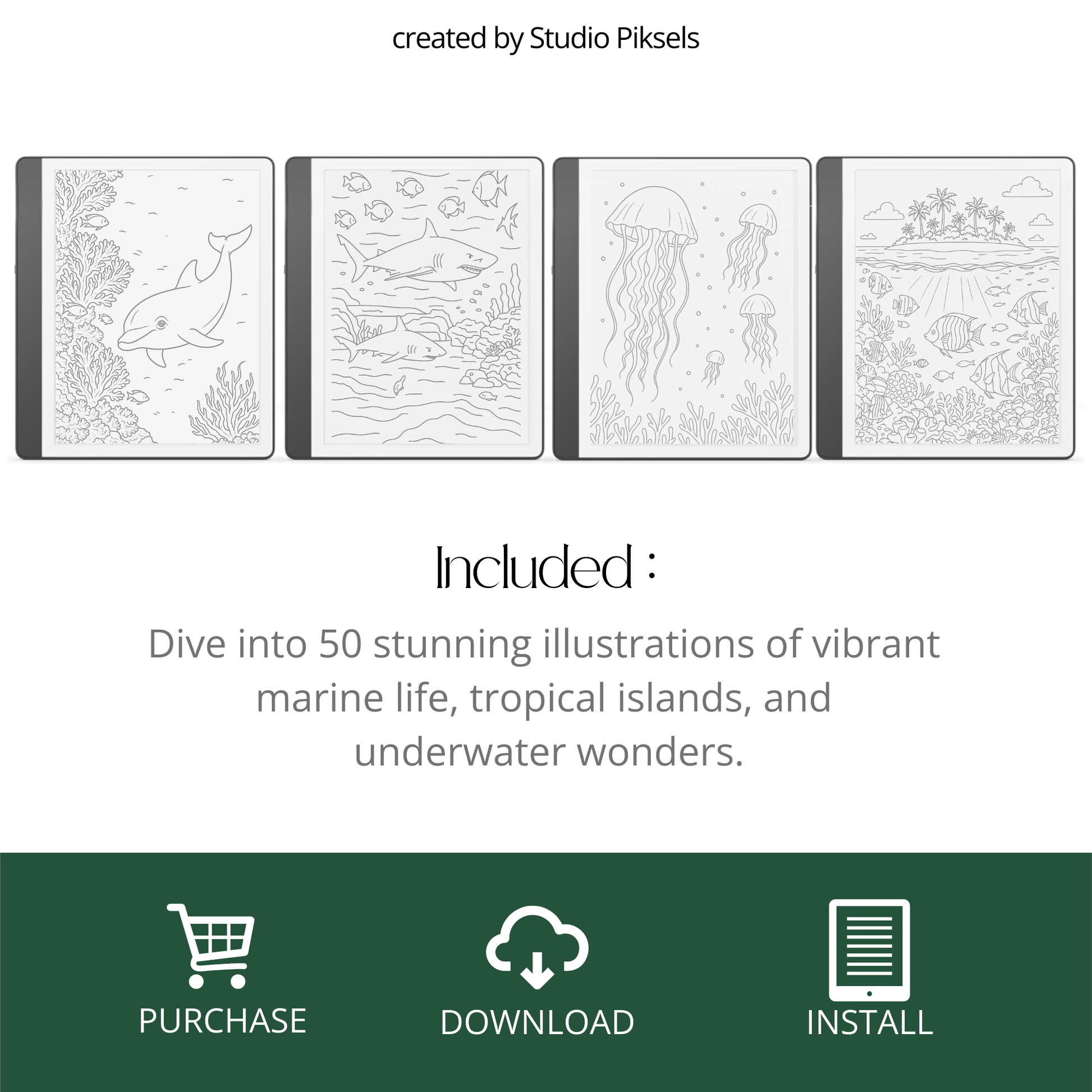 Ocean Tracing Book for Kindle Scribe featuring ocean animal tracing pages with dolphins, whales, turtles, coral reefs, and sea life illustrations for mindful digital drawing practice.