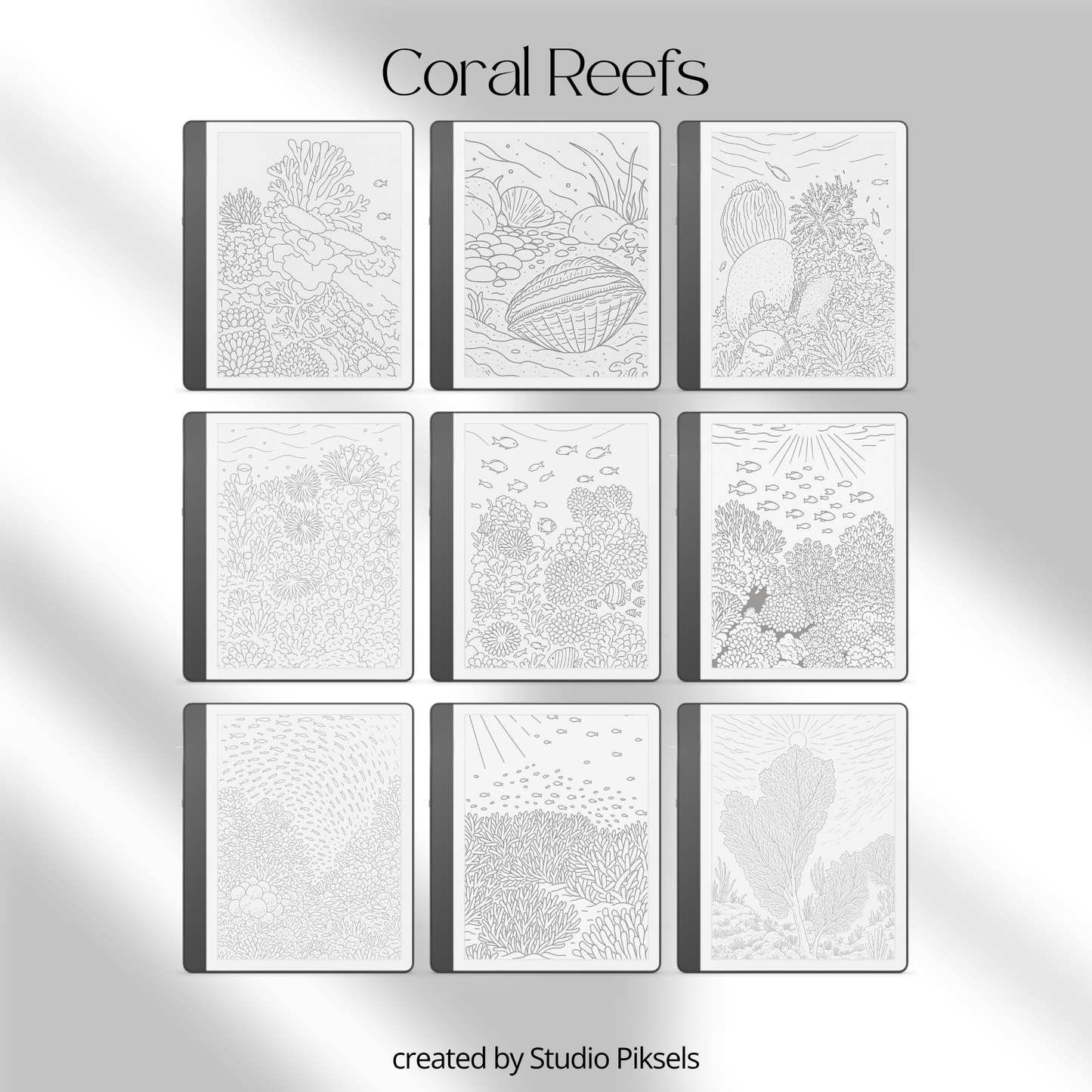 Ocean Tracing Book for Kindle Scribe featuring ocean animal tracing pages with dolphins, whales, turtles, coral reefs, and sea life illustrations for mindful digital drawing practice.