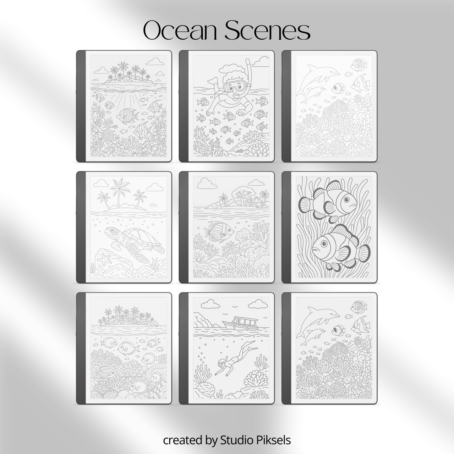 Ocean Tracing Book for Kindle Scribe featuring ocean animal tracing pages with dolphins, whales, turtles, coral reefs, and sea life illustrations for mindful digital drawing practice.