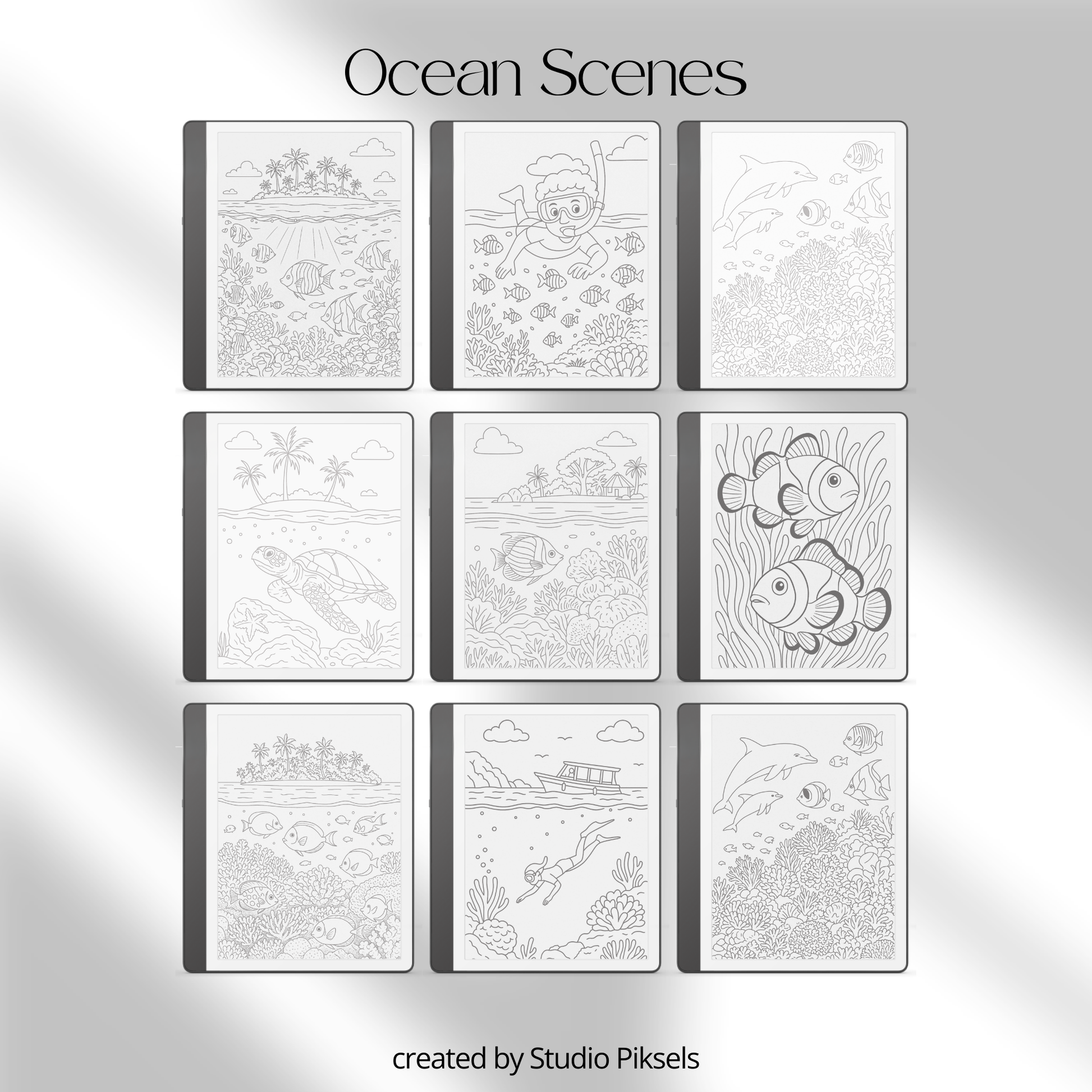 Ocean Tracing Book for Kindle Scribe featuring ocean animal tracing pages with dolphins, whales, turtles, coral reefs, and sea life illustrations for mindful digital drawing practice.