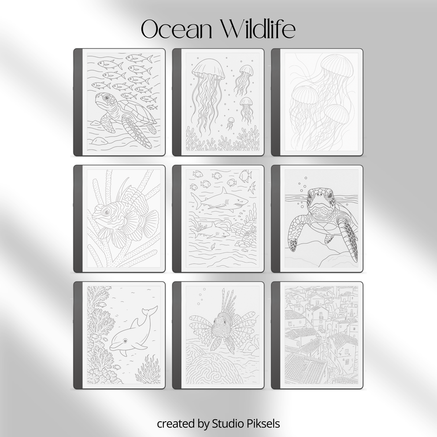 Ocean Tracing Book for Kindle Scribe featuring ocean animal tracing pages with dolphins, whales, turtles, coral reefs, and sea life illustrations for mindful digital drawing practice.