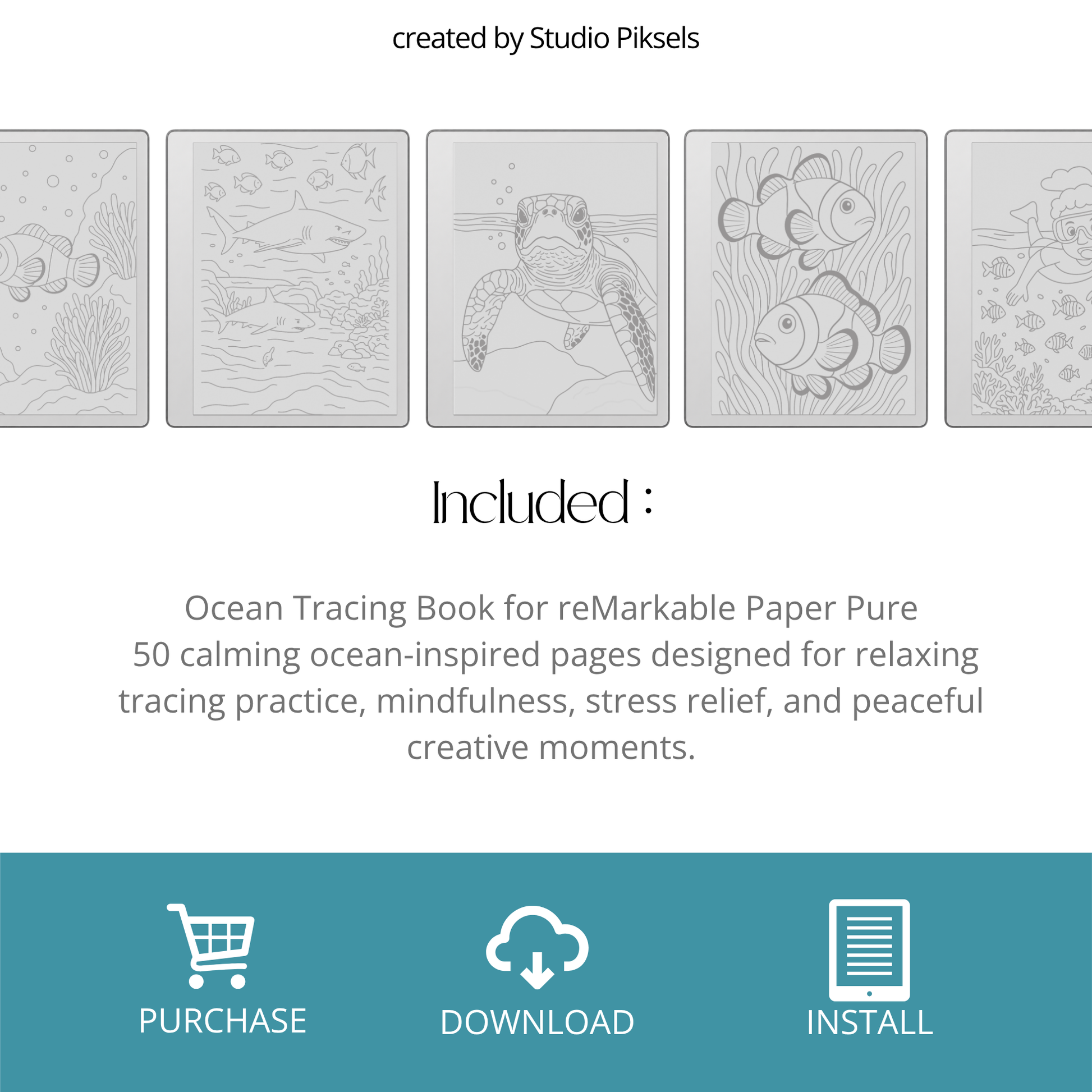 Digital tracing book for reMarkable 1, 2, and Paper Pure with 50 ocean-themed illustrations, clean outlines for tracing, mindfulness, stress relief, and creative practice.