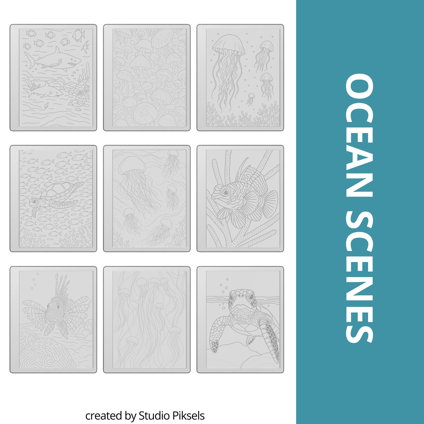 Digital tracing book for reMarkable 1, 2, and Paper Pure with 50 ocean-themed illustrations, clean outlines for tracing, mindfulness, stress relief, and creative practice.