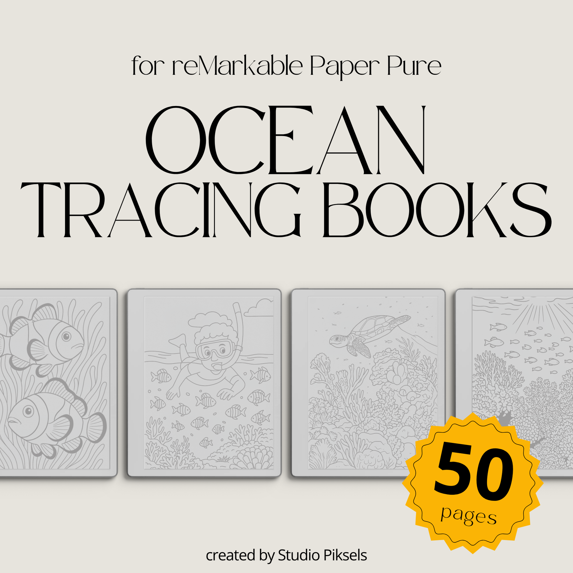 Digital tracing book for reMarkable 1, 2, and Paper Pure with 50 ocean-themed illustrations, clean outlines for tracing, mindfulness, stress relief, and creative practice.