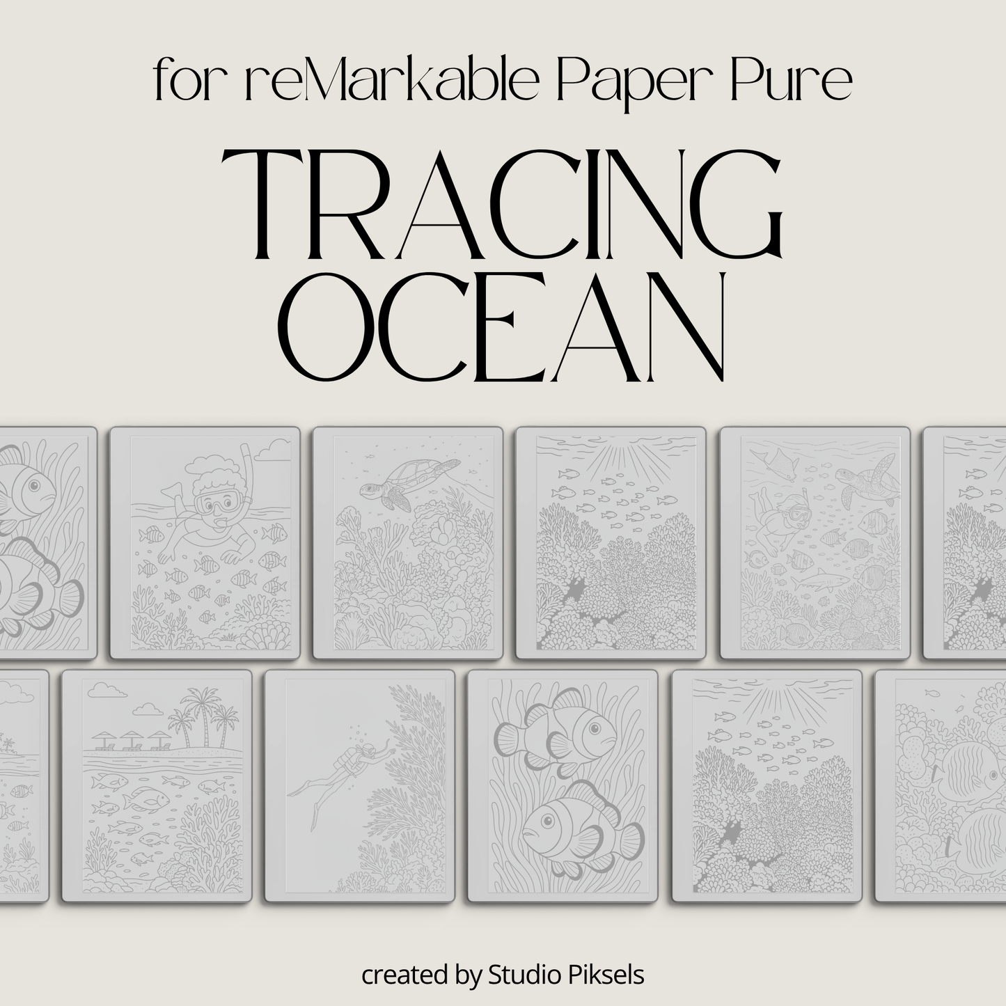 Digital tracing book for reMarkable 1, 2, and Paper Pure with 50 ocean-themed illustrations, clean outlines for tracing, mindfulness, stress relief, and creative practice.