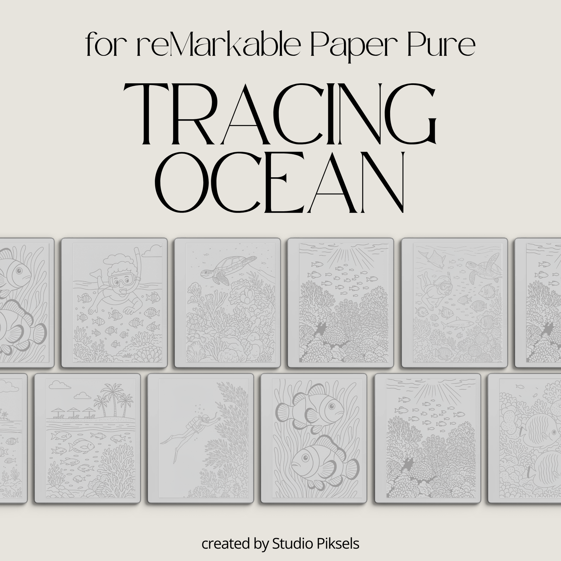 Digital tracing book for reMarkable 1, 2, and Paper Pure with 50 ocean-themed illustrations, clean outlines for tracing, mindfulness, stress relief, and creative practice.