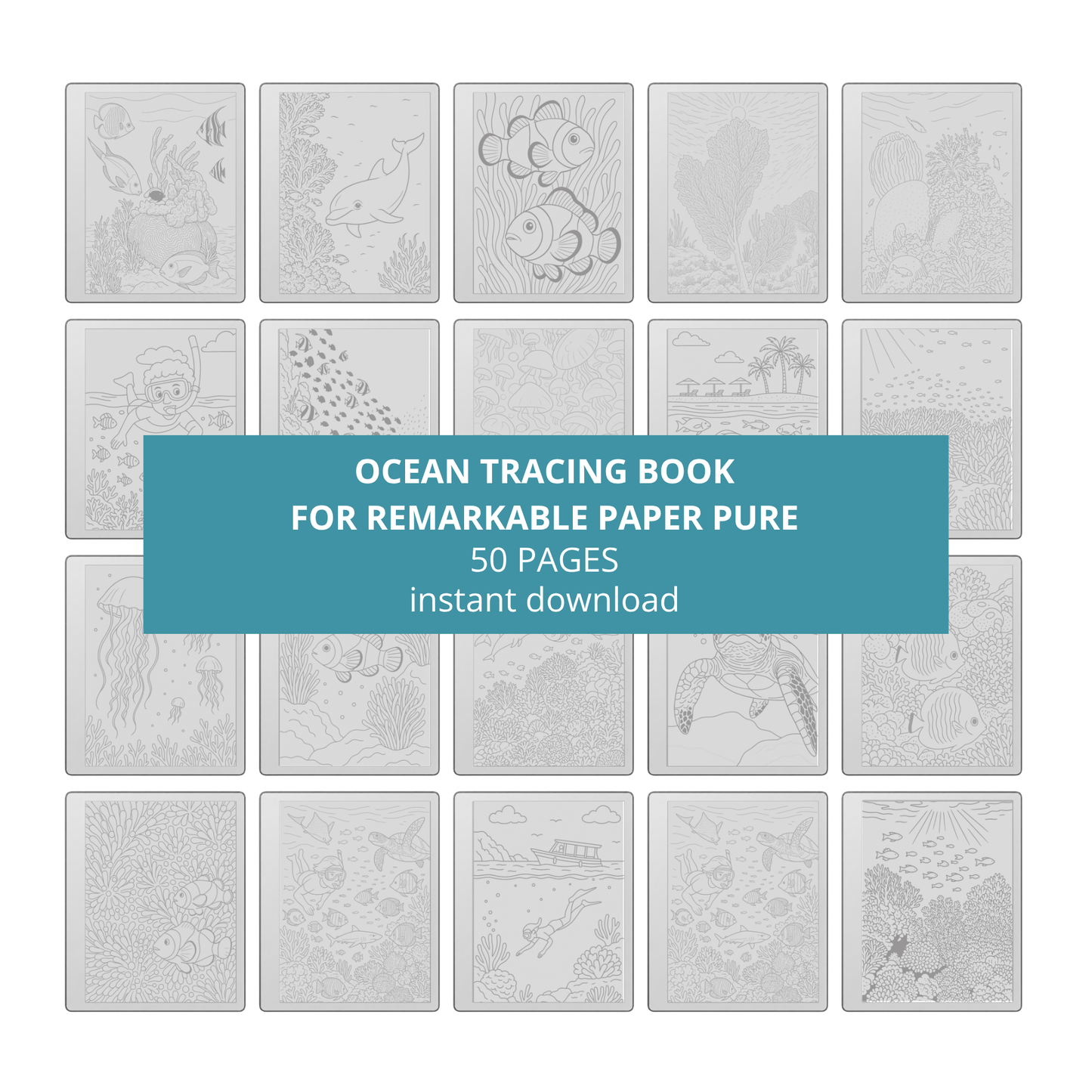 Digital tracing book for reMarkable 1, 2, and Paper Pure with 50 ocean-themed illustrations, clean outlines for tracing, mindfulness, stress relief, and creative practice.