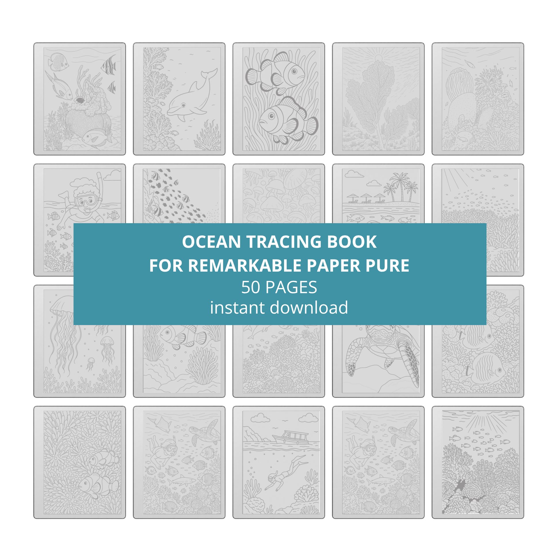 Digital tracing book for reMarkable 1, 2, and Paper Pure with 50 ocean-themed illustrations, clean outlines for tracing, mindfulness, stress relief, and creative practice.