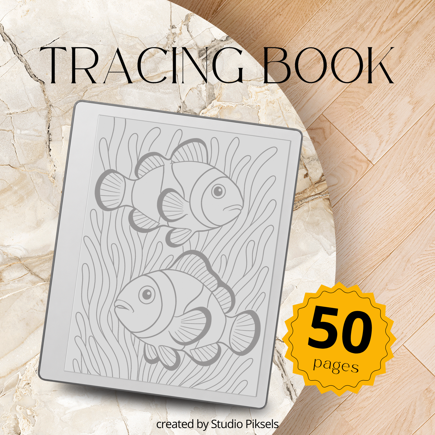 Digital tracing book for reMarkable 1, 2, and Paper Pure with 50 ocean-themed illustrations, clean outlines for tracing, mindfulness, stress relief, and creative practice.
