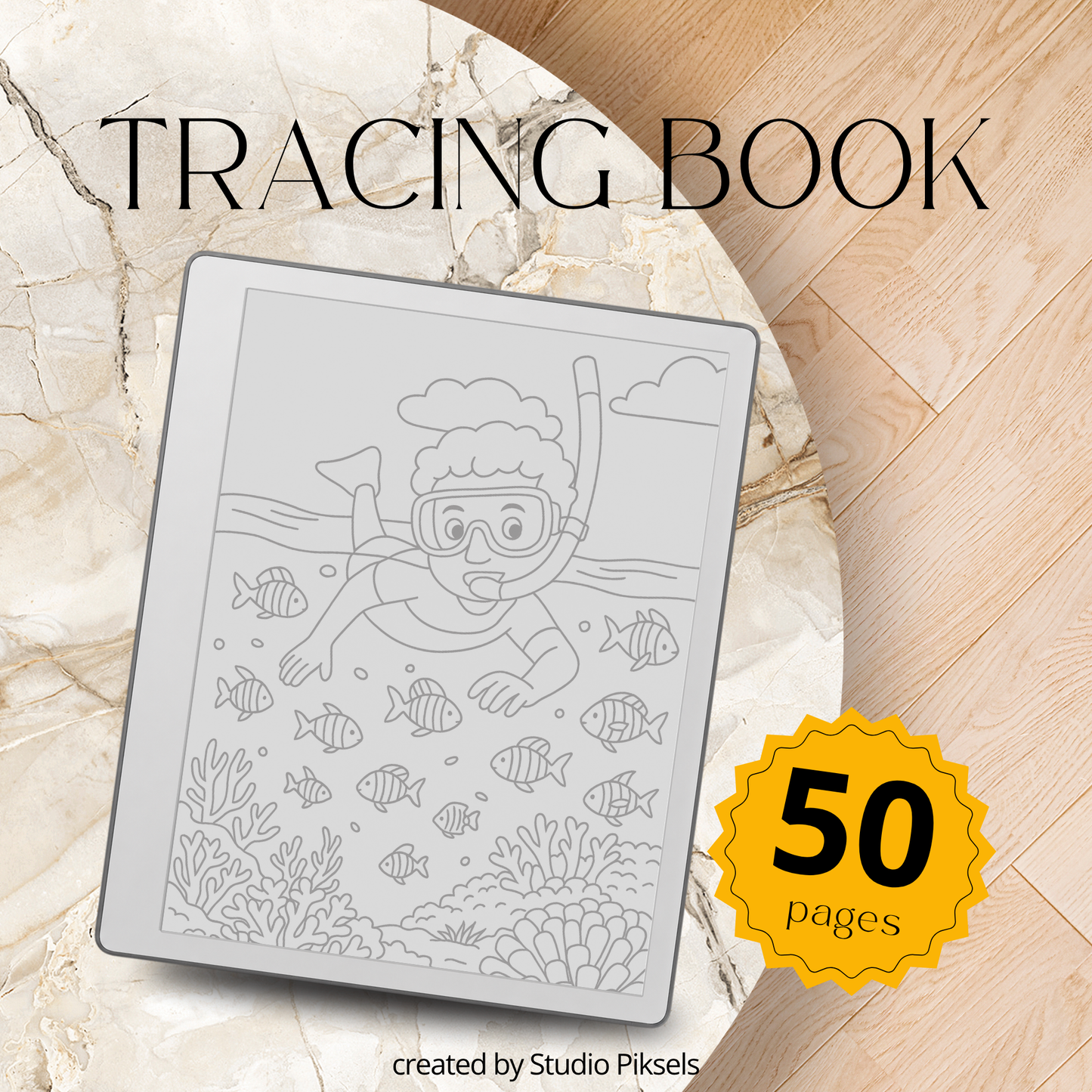 Digital tracing book for reMarkable 1, 2, and Paper Pure with 50 ocean-themed illustrations, clean outlines for tracing, mindfulness, stress relief, and creative practice.
