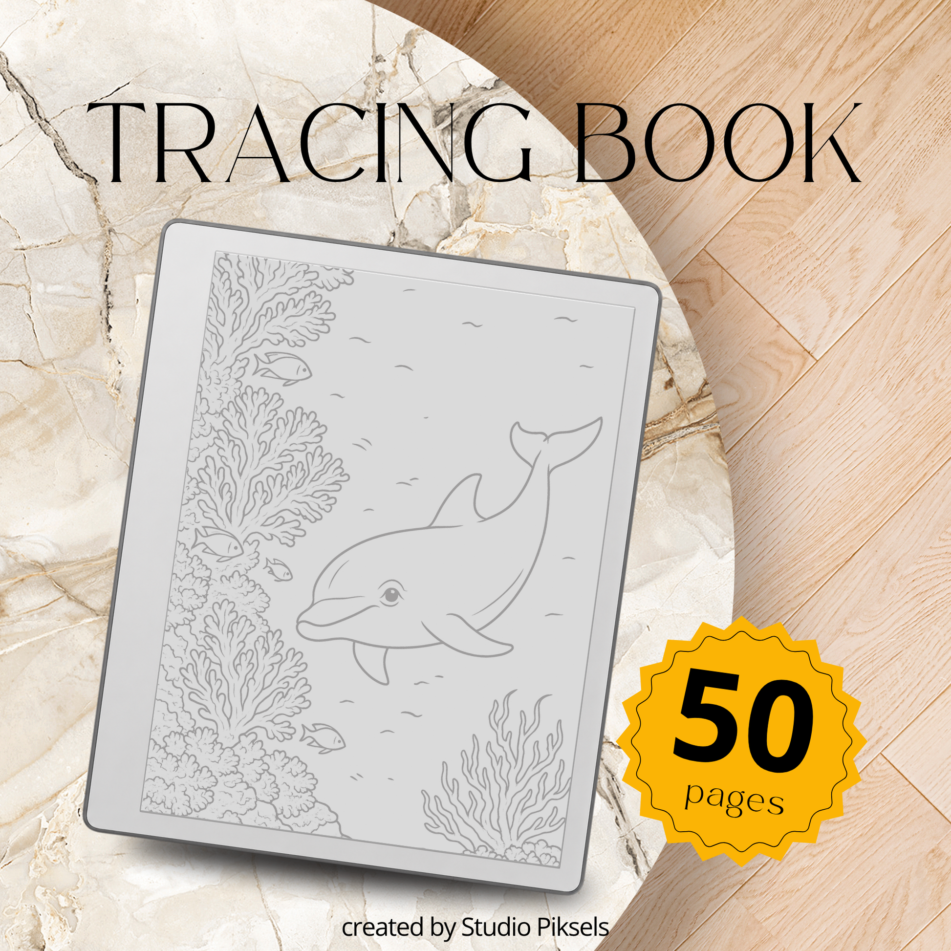 Digital tracing book for reMarkable 1, 2, and Paper Pure with 50 ocean-themed illustrations, clean outlines for tracing, mindfulness, stress relief, and creative practice.