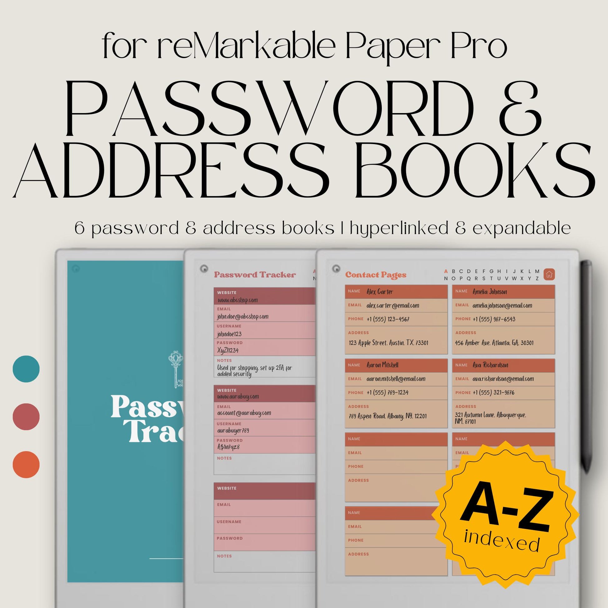reMarkable Paper Pro Move organizer bundle PDF with password tracker and address book templates, A to Z hyperlinked pages.