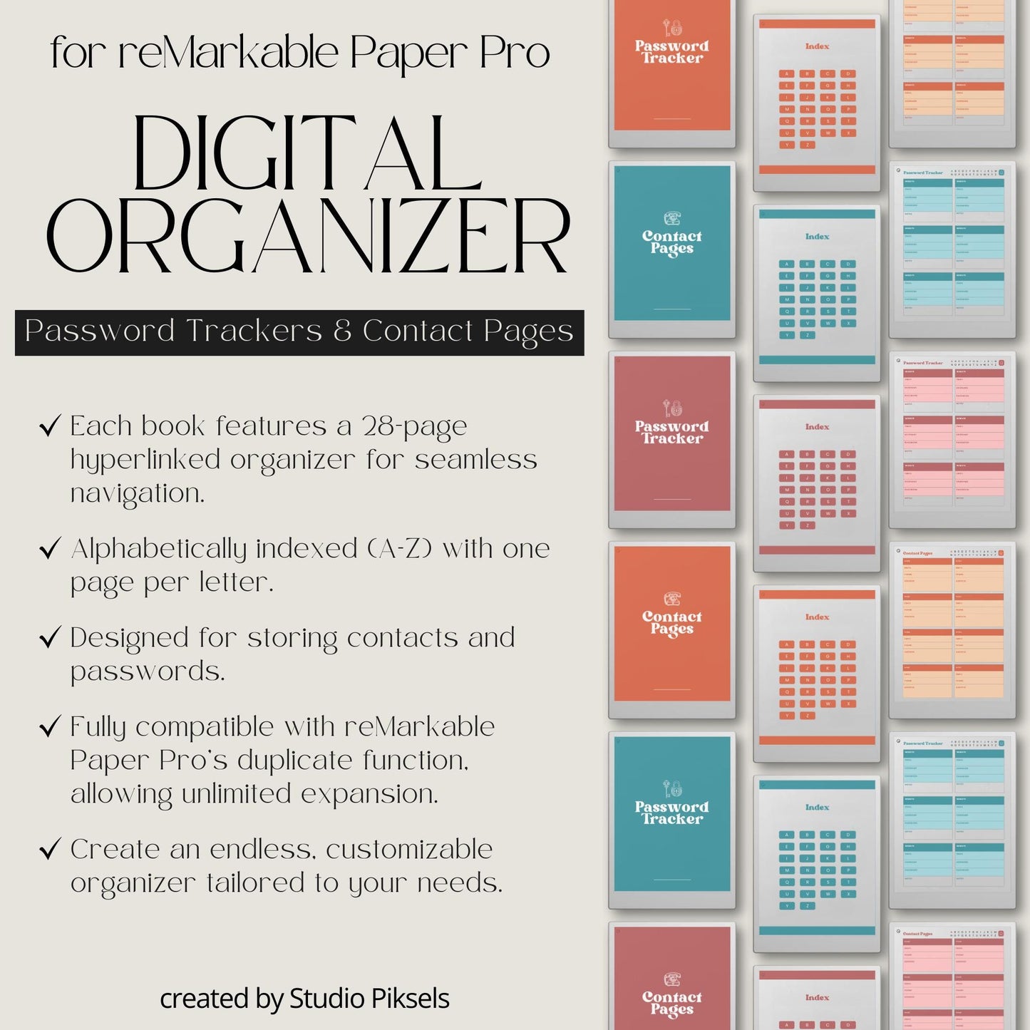 reMarkable Paper Pro Move organizer bundle PDF with password tracker and address book templates, A to Z hyperlinked pages.