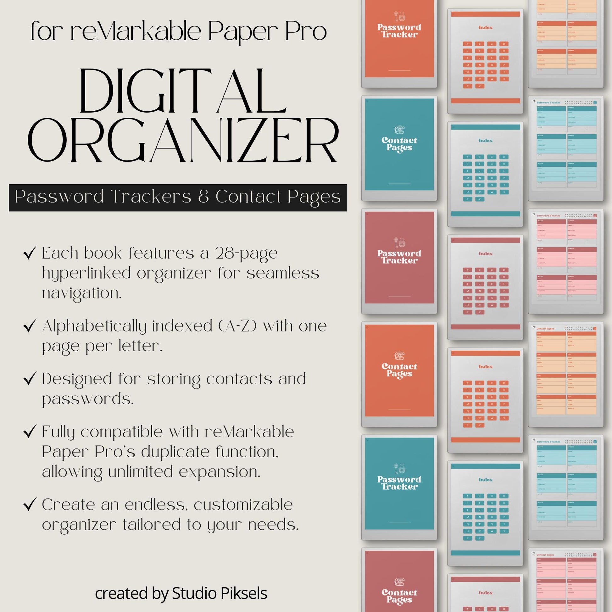 reMarkable Paper Pro Move organizer bundle PDF with password tracker and address book templates, A to Z hyperlinked pages.