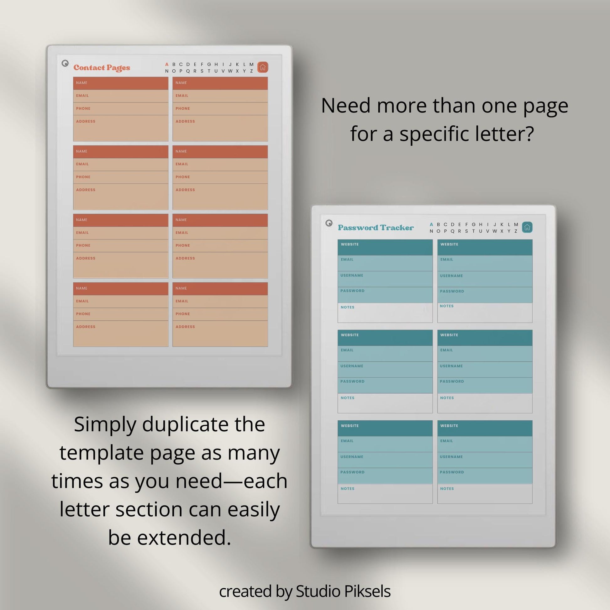 reMarkable Paper Pro Move organizer bundle PDF with password tracker and address book templates, A to Z hyperlinked pages.