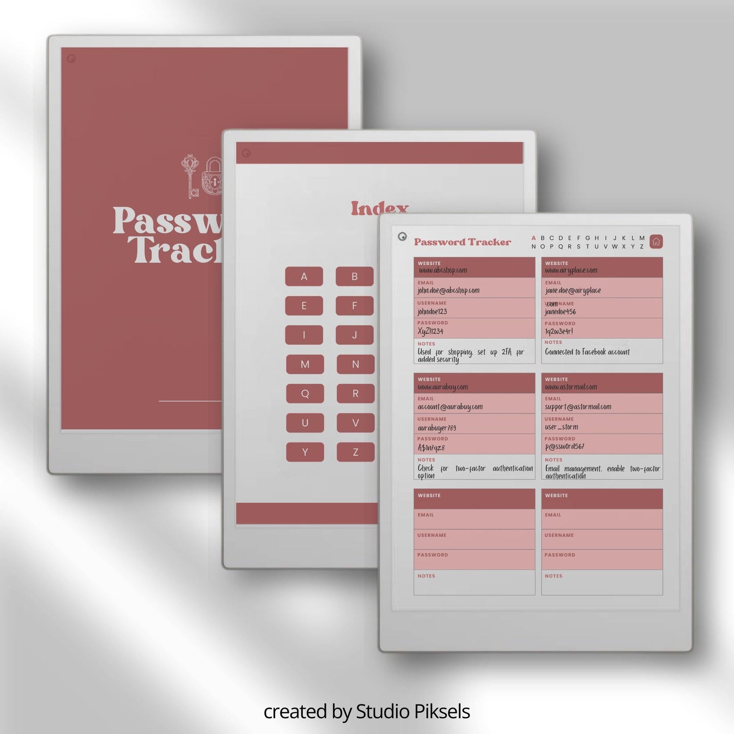 reMarkable Paper Pro Move organizer bundle PDF with password tracker and address book templates, A to Z hyperlinked pages.