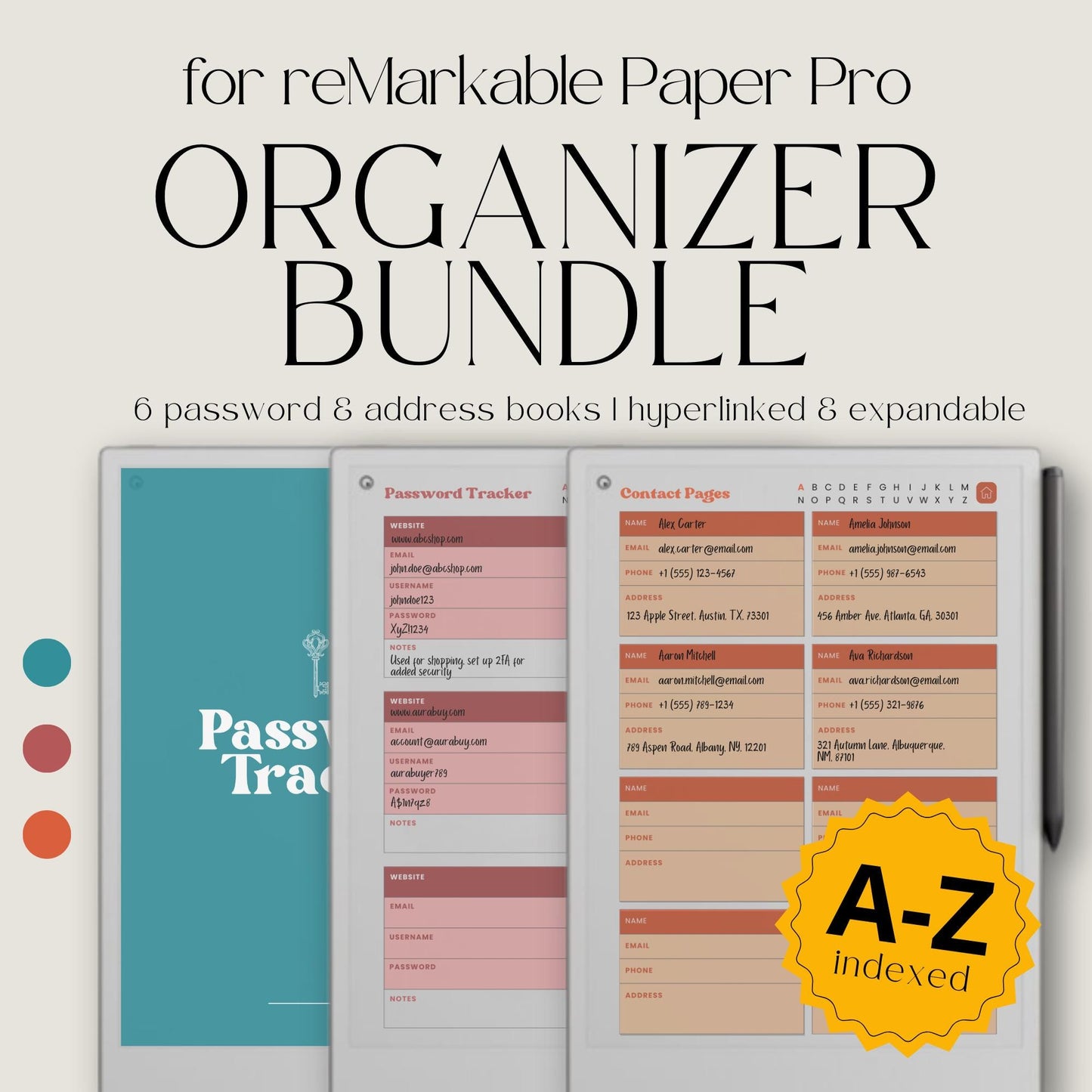 reMarkable Paper Pro Move organizer bundle PDF with password tracker and address book templates, A to Z hyperlinked pages.
