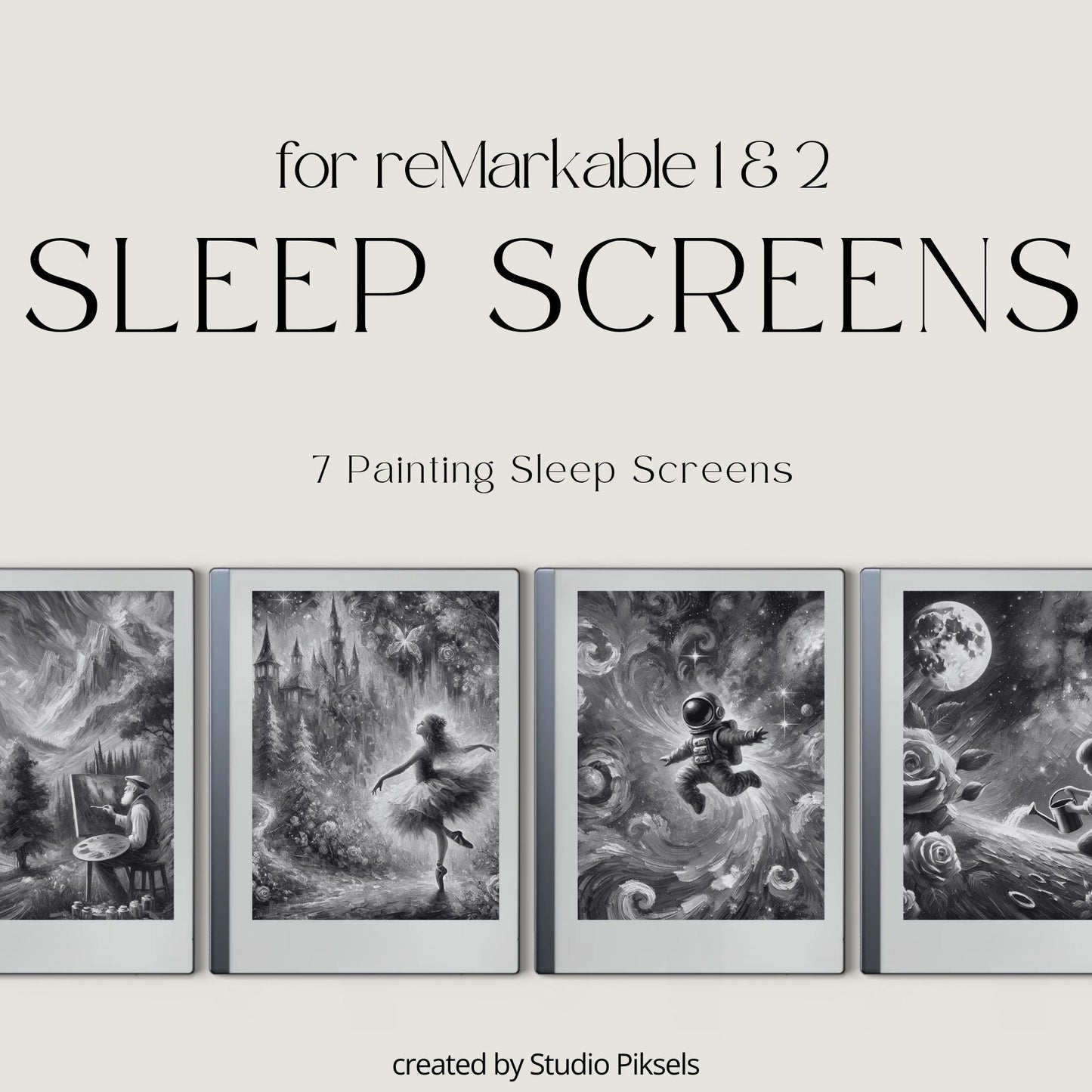Add a creative and artistic touch to your reMarkable device with this collection of painting-style sleep screens. Designed for grayscale E Ink displays, these illustrated screens bring imagination, storytelling, and personality to your tablet while maintaining excellent clarity and detail.