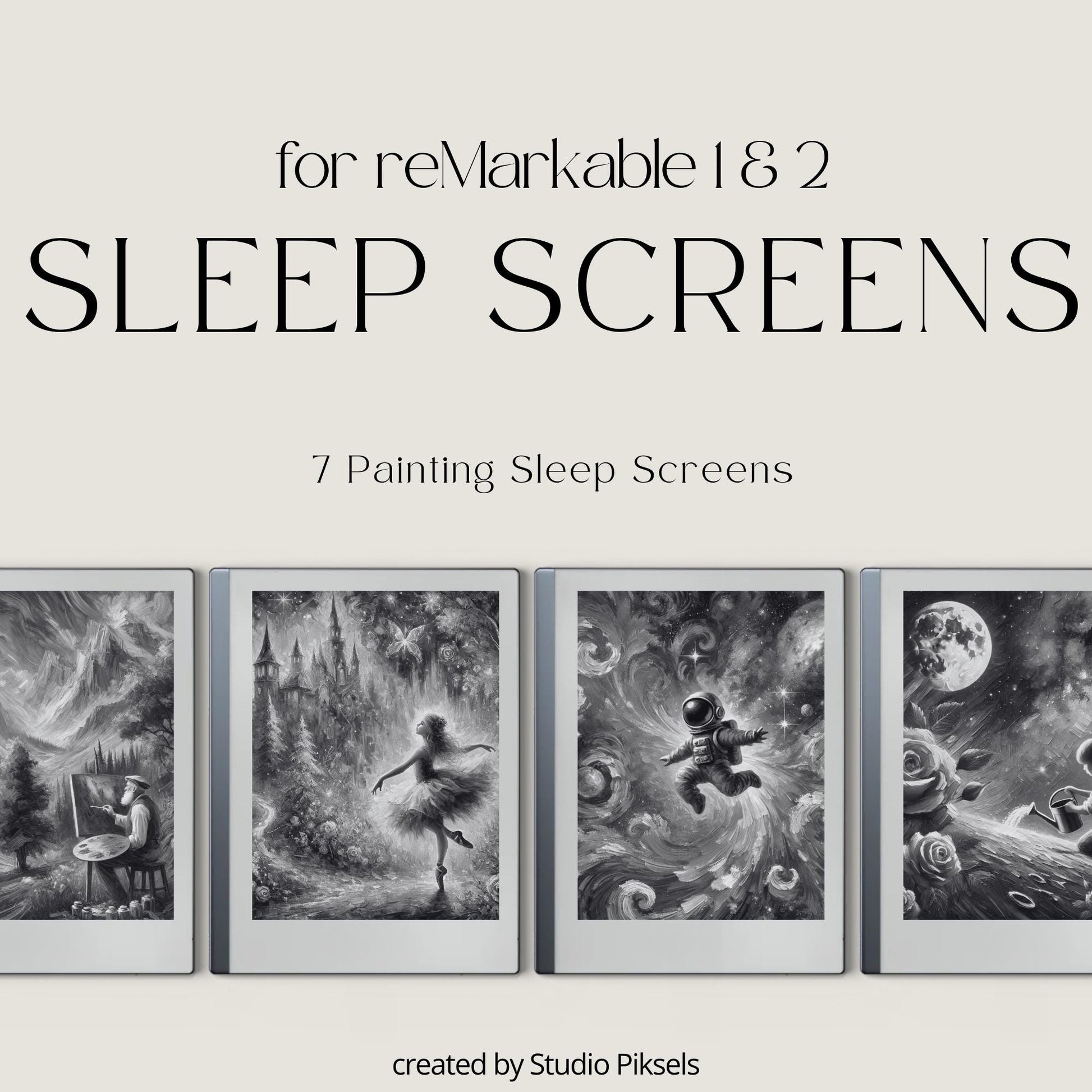 Add a creative and artistic touch to your reMarkable device with this collection of painting-style sleep screens. Designed for grayscale E Ink displays, these illustrated screens bring imagination, storytelling, and personality to your tablet while maintaining excellent clarity and detail.