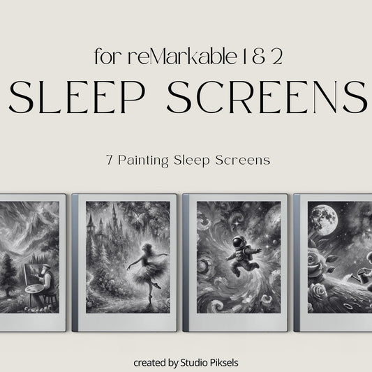 Add a creative and artistic touch to your reMarkable device with this collection of painting-style sleep screens. Designed for grayscale E Ink displays, these illustrated screens bring imagination, storytelling, and personality to your tablet while maintaining excellent clarity and detail.