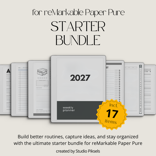 17-Piece Starter Bundle for reMarkable Paper Pure featuring digital notebooks, 2026 and 2027 weekly planners, trackers, journals, contact pages, password tracker, work planner, reading planner, and a 140-page puzzle and tracing book optimized for monochrome e-ink.