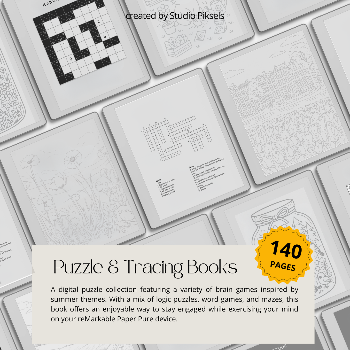 17-Piece Starter Bundle for reMarkable Paper Pure featuring digital notebooks, 2026 and 2027 weekly planners, trackers, journals, contact pages, password tracker, work planner, reading planner, and a 140-page puzzle and tracing book optimized for monochrome e-ink.