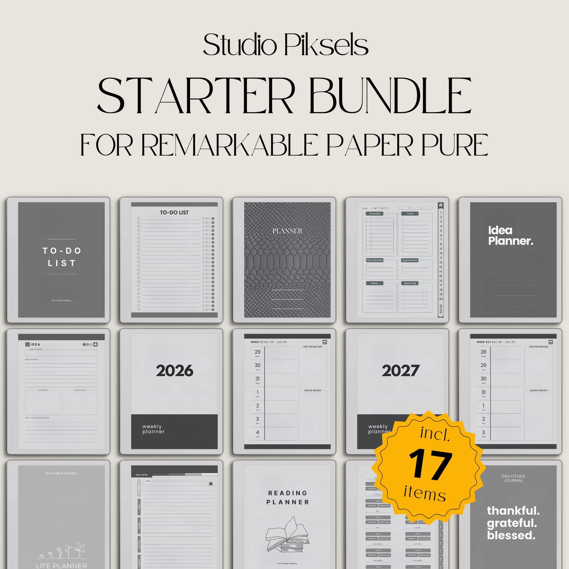 17-Piece Starter Bundle for reMarkable Paper Pure featuring digital notebooks, 2026 and 2027 weekly planners, trackers, journals, contact pages, password tracker, work planner, reading planner, and a 140-page puzzle and tracing book optimized for monochrome e-ink.