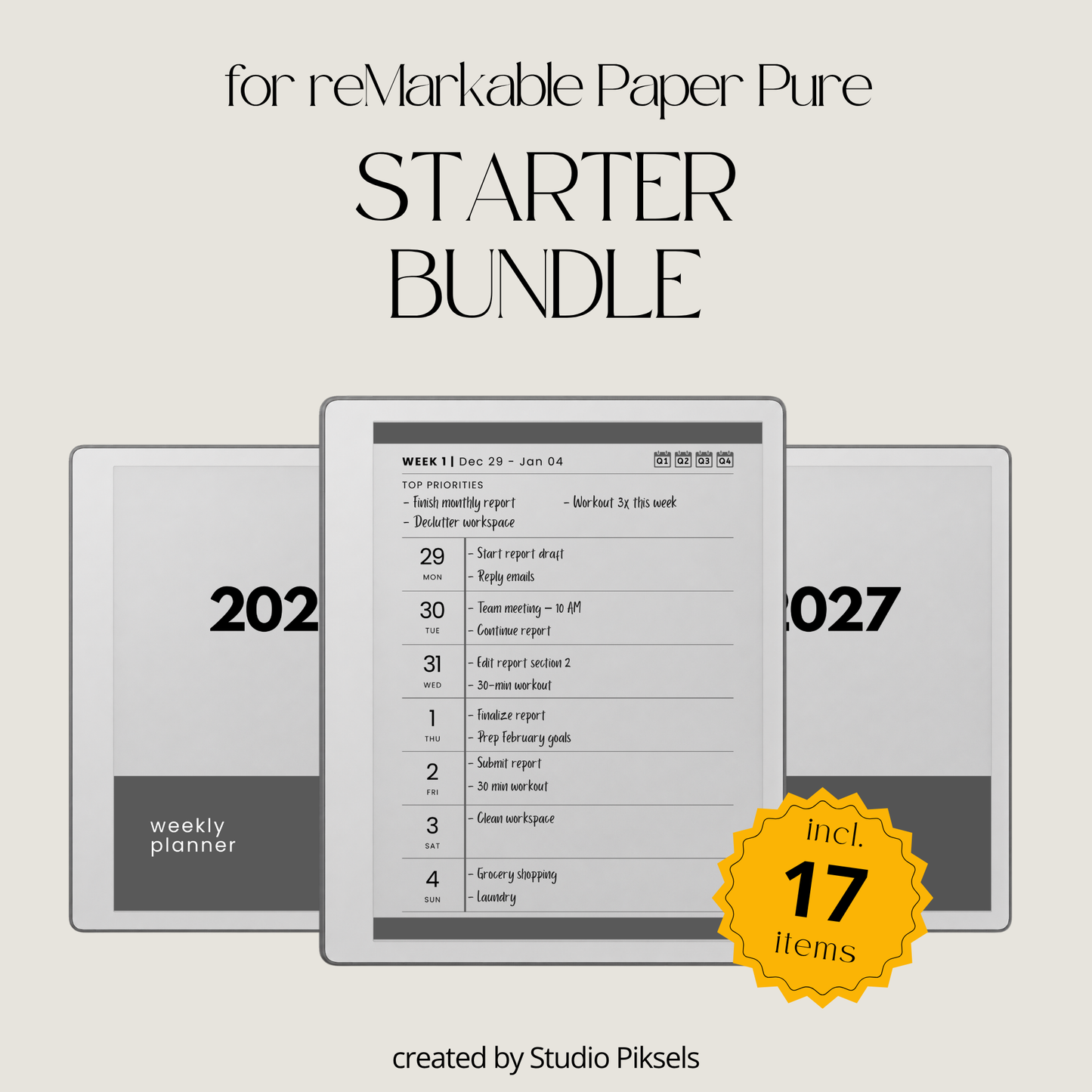 17-Piece Starter Bundle for reMarkable Paper Pure featuring digital notebooks, 2026 and 2027 weekly planners, trackers, journals, contact pages, password tracker, work planner, reading planner, and a 140-page puzzle and tracing book optimized for monochrome e-ink.