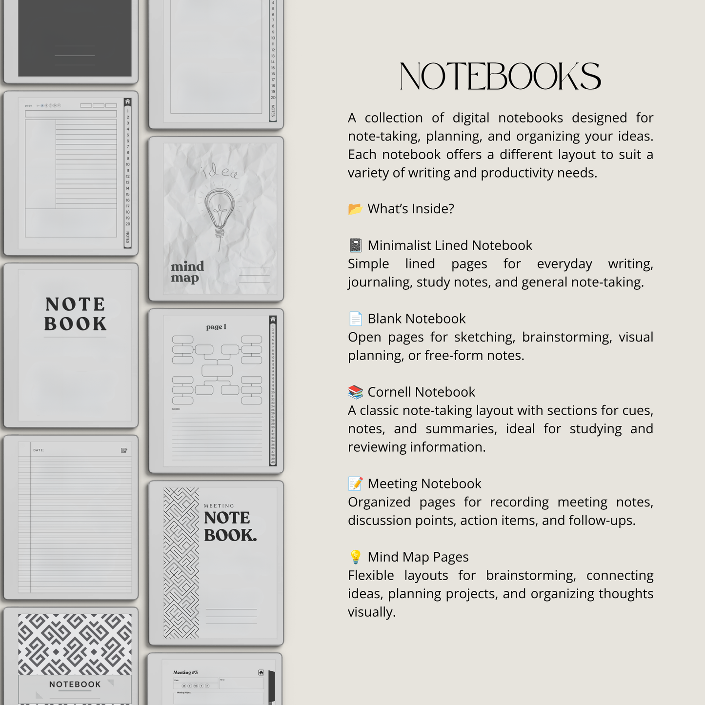 17-Piece Starter Bundle for reMarkable Paper Pure featuring digital notebooks, 2026 and 2027 weekly planners, trackers, journals, contact pages, password tracker, work planner, reading planner, and a 140-page puzzle and tracing book optimized for monochrome e-ink.