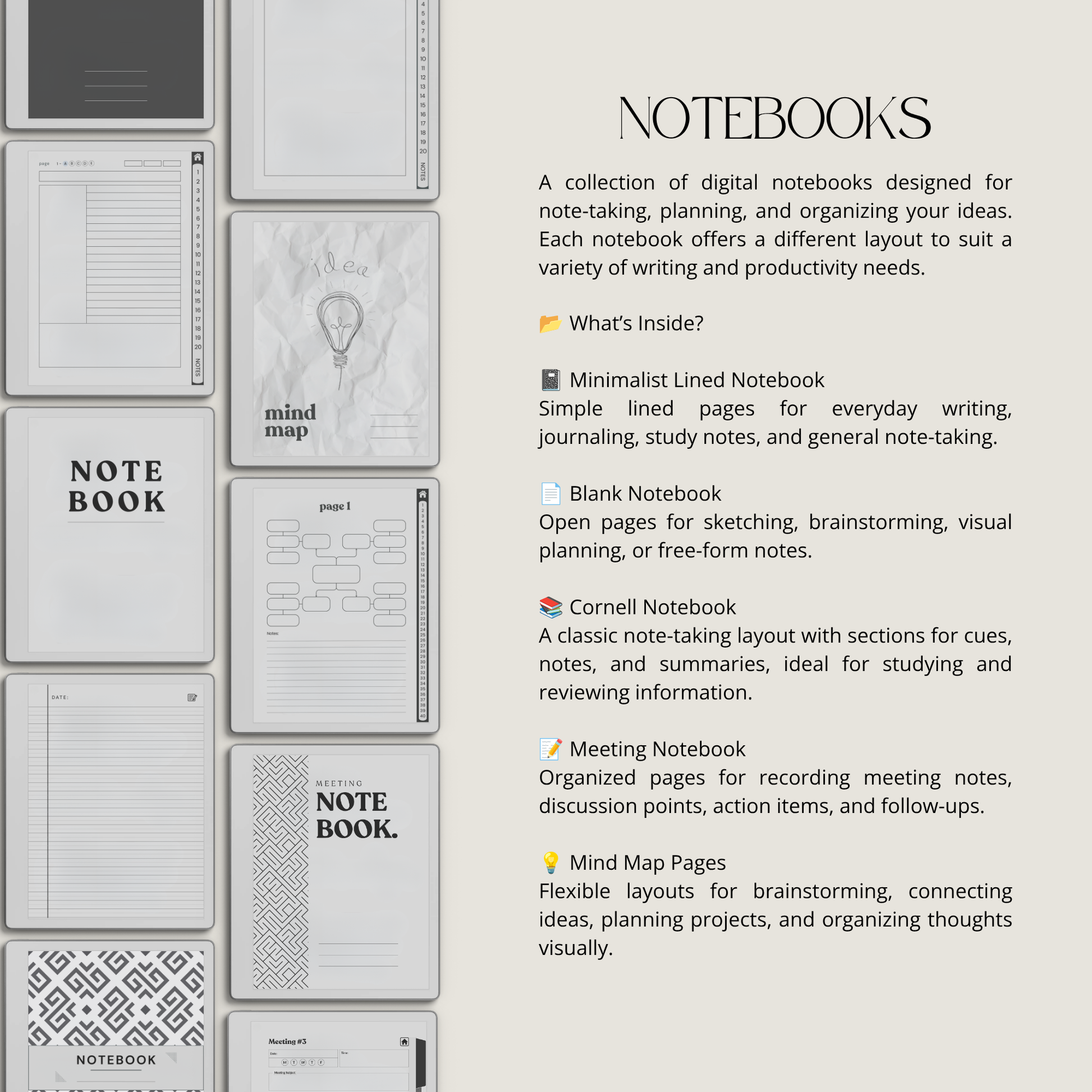17-Piece Starter Bundle for reMarkable Paper Pure featuring digital notebooks, 2026 and 2027 weekly planners, trackers, journals, contact pages, password tracker, work planner, reading planner, and a 140-page puzzle and tracing book optimized for monochrome e-ink.