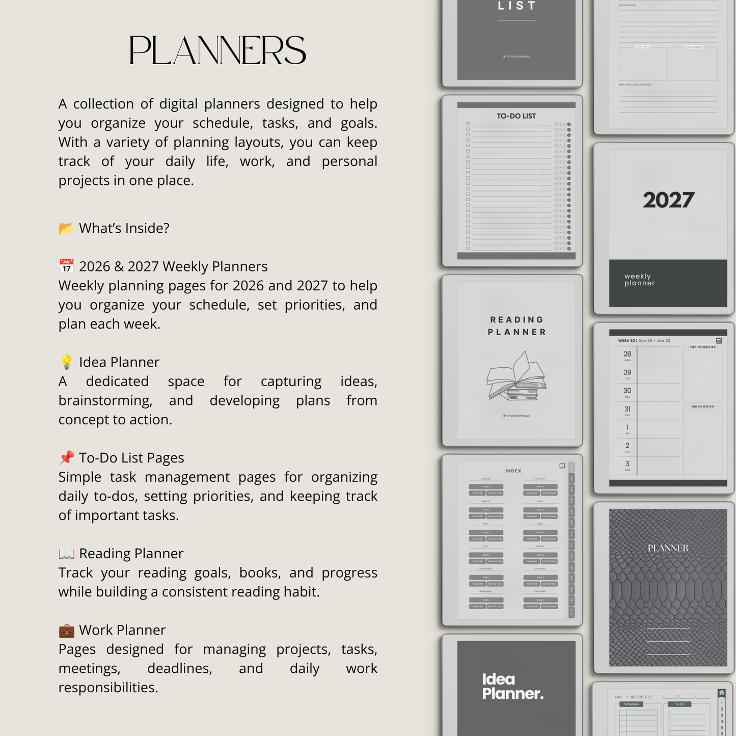17-Piece Starter Bundle for reMarkable Paper Pure featuring digital notebooks, 2026 and 2027 weekly planners, trackers, journals, contact pages, password tracker, work planner, reading planner, and a 140-page puzzle and tracing book optimized for monochrome e-ink.
