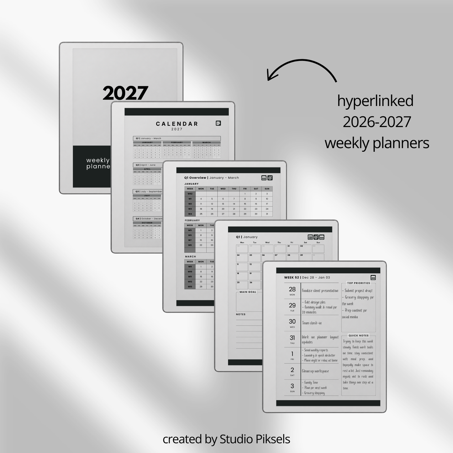 17-Piece Starter Bundle for reMarkable Paper Pure featuring digital notebooks, 2026 and 2027 weekly planners, trackers, journals, contact pages, password tracker, work planner, reading planner, and a 140-page puzzle and tracing book optimized for monochrome e-ink.