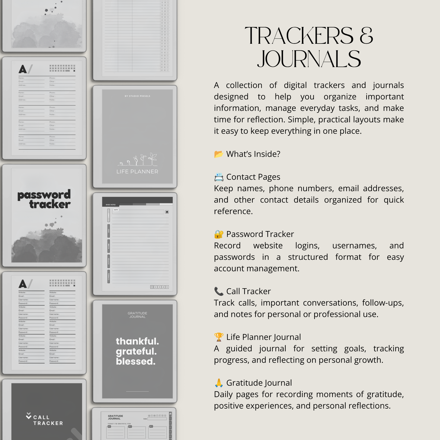 17-Piece Starter Bundle for reMarkable Paper Pure featuring digital notebooks, 2026 and 2027 weekly planners, trackers, journals, contact pages, password tracker, work planner, reading planner, and a 140-page puzzle and tracing book optimized for monochrome e-ink.