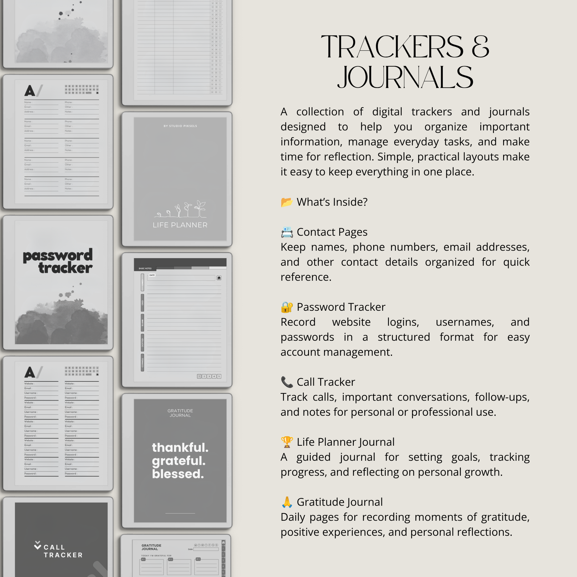 17-Piece Starter Bundle for reMarkable Paper Pure featuring digital notebooks, 2026 and 2027 weekly planners, trackers, journals, contact pages, password tracker, work planner, reading planner, and a 140-page puzzle and tracing book optimized for monochrome e-ink.