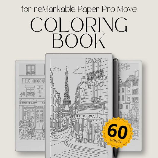 Paris Streets Coloring Book for reMarkable Paper Pro Move featuring 60 French café, storefront, and Paris street scene coloring pages designed for relaxation, mindfulness, and creative digital coloring on eInk devices.