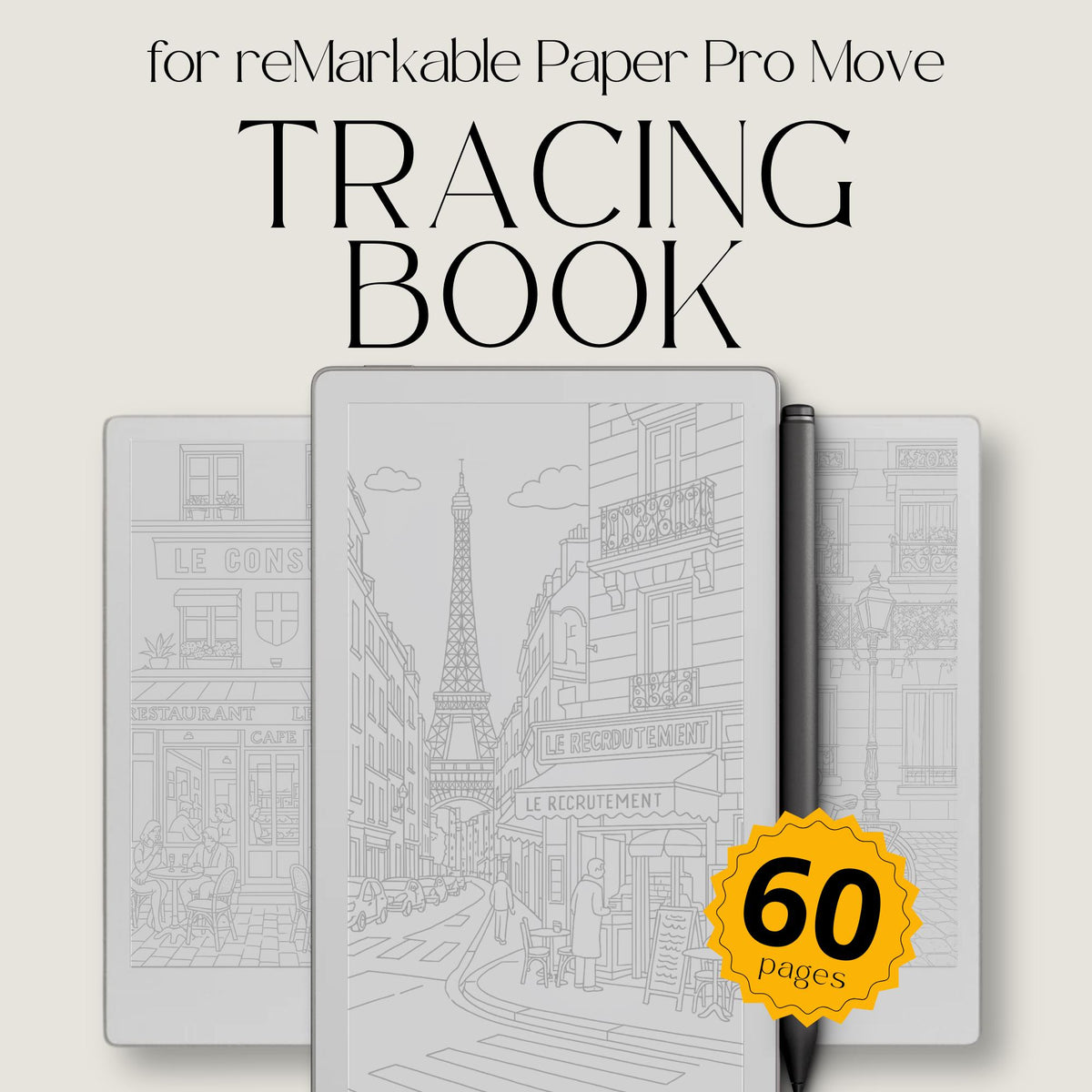 Paris streets tracing book for reMarkable Paper Pro Move featuring 60 digital tracing pages with detailed French café, storefront, and street scenes designed for mindful tracing, relaxation, and focused creative breaks.