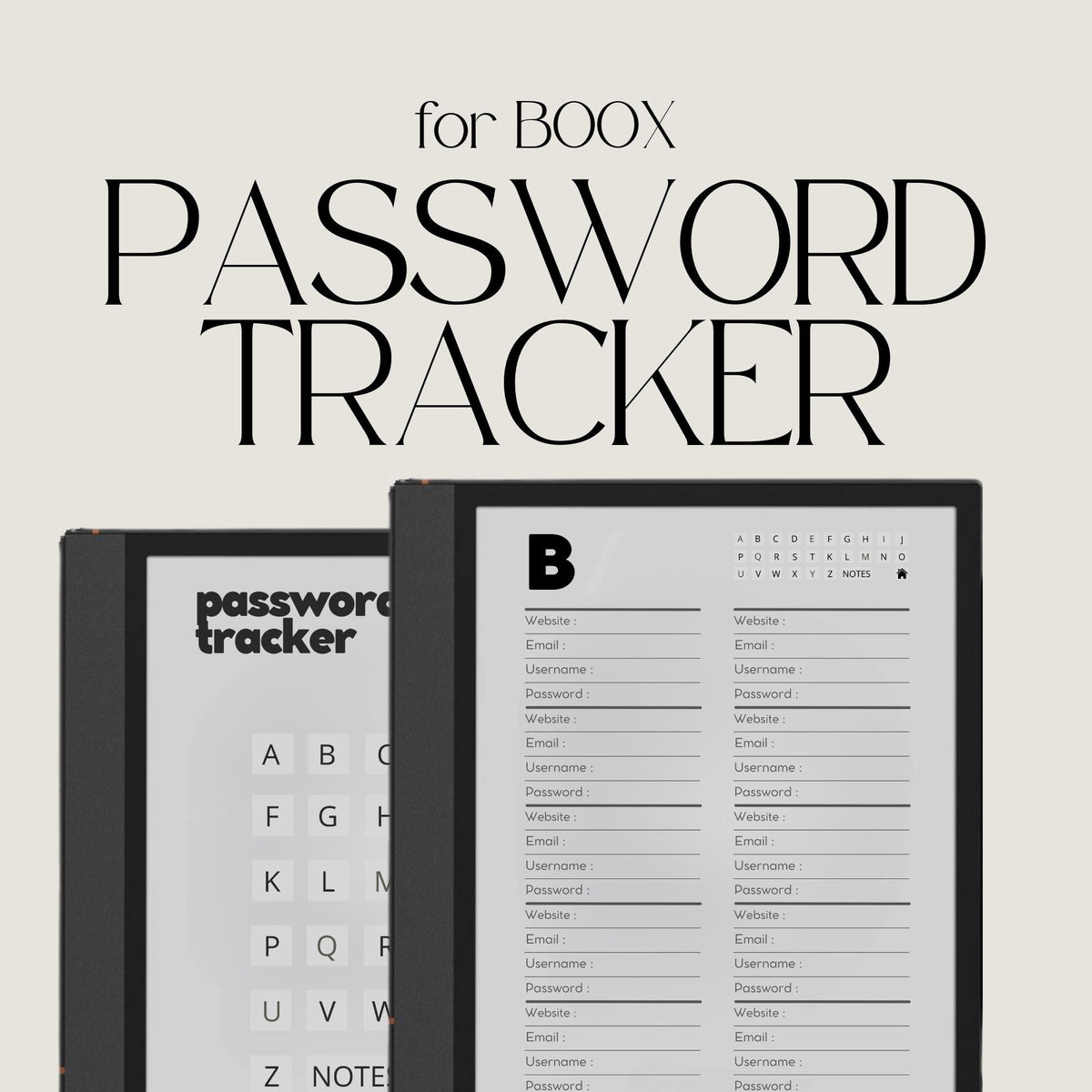 Hyperlinked Password Tracker Notebook for BOOX Note with linked password tracking pages and minimalist digital organization layouts.