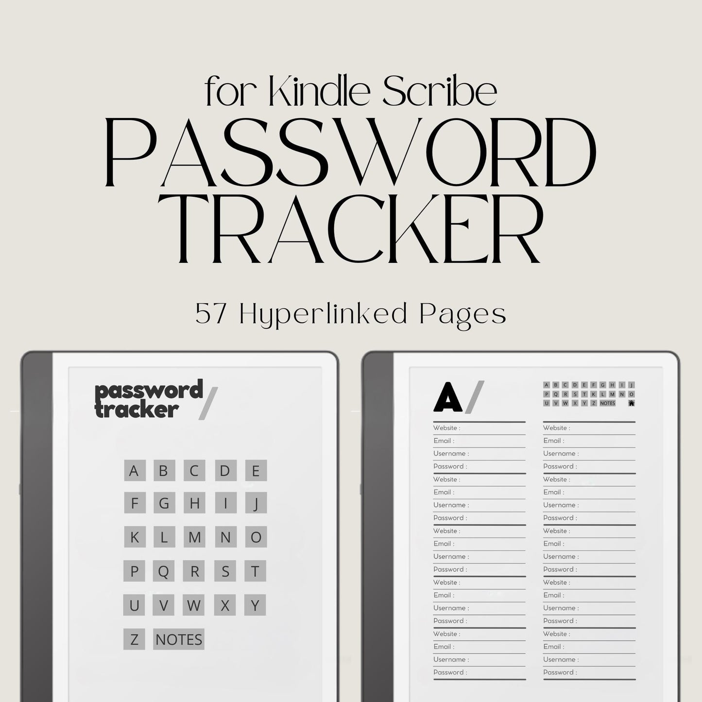 Hyperlinked Password Tracker for Kindle Scribe featuring A to Z password organization pages with sections for website names, usernames, email addresses, passwords, and secure digital account management.