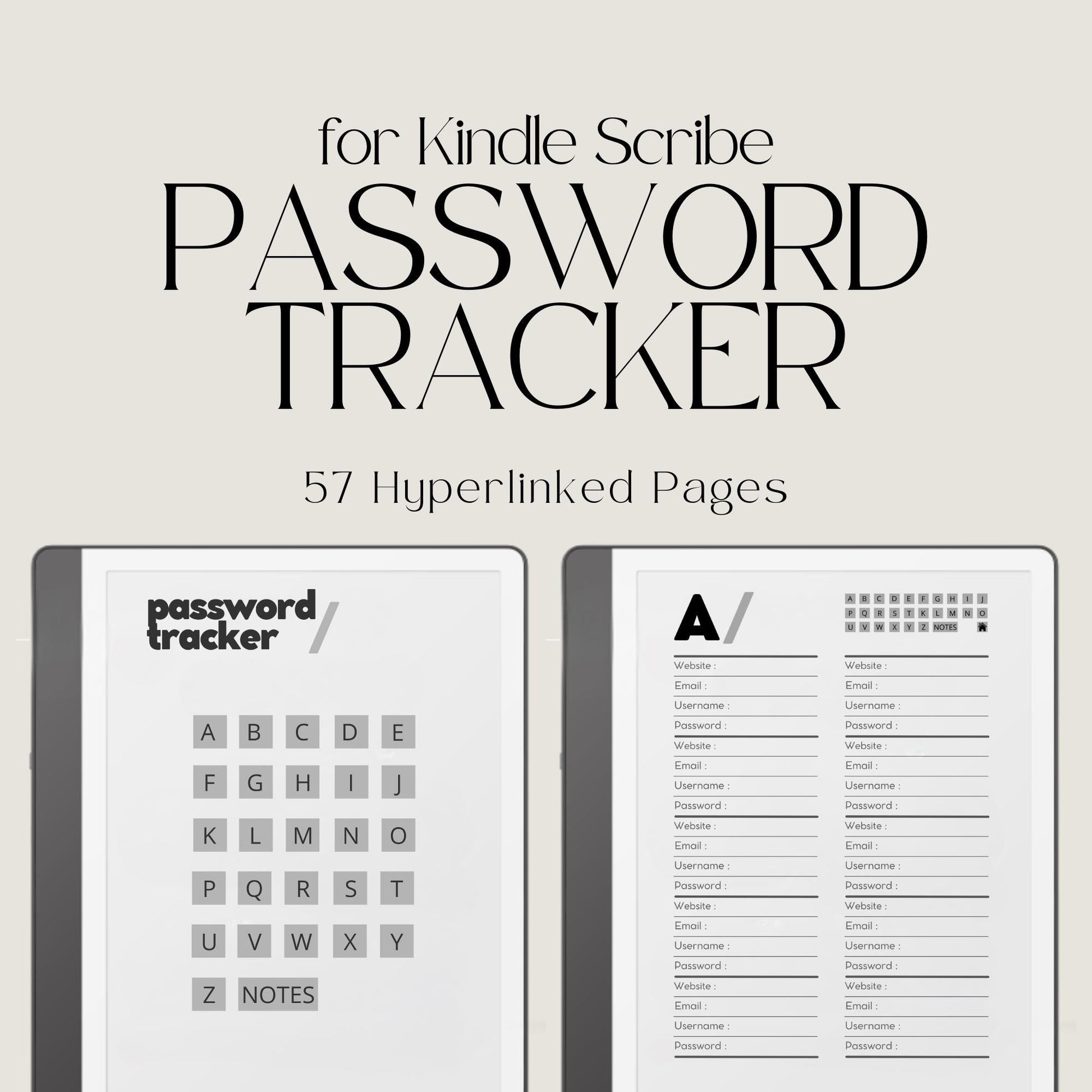 Hyperlinked Password Tracker for Kindle Scribe featuring A to Z password organization pages with sections for website names, usernames, email addresses, passwords, and secure digital account management.