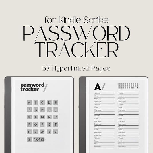Hyperlinked Password Tracker for Kindle Scribe featuring A to Z password organization pages with sections for website names, usernames, email addresses, passwords, and secure digital account management.