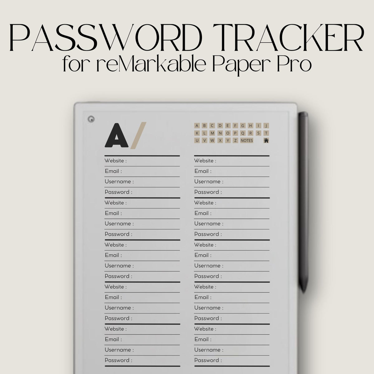 Stay organized and simplify your digital life with this structured password tracker for reMarkable Paper Pro, designed to keep your account information clear, accessible, and easy to manage.