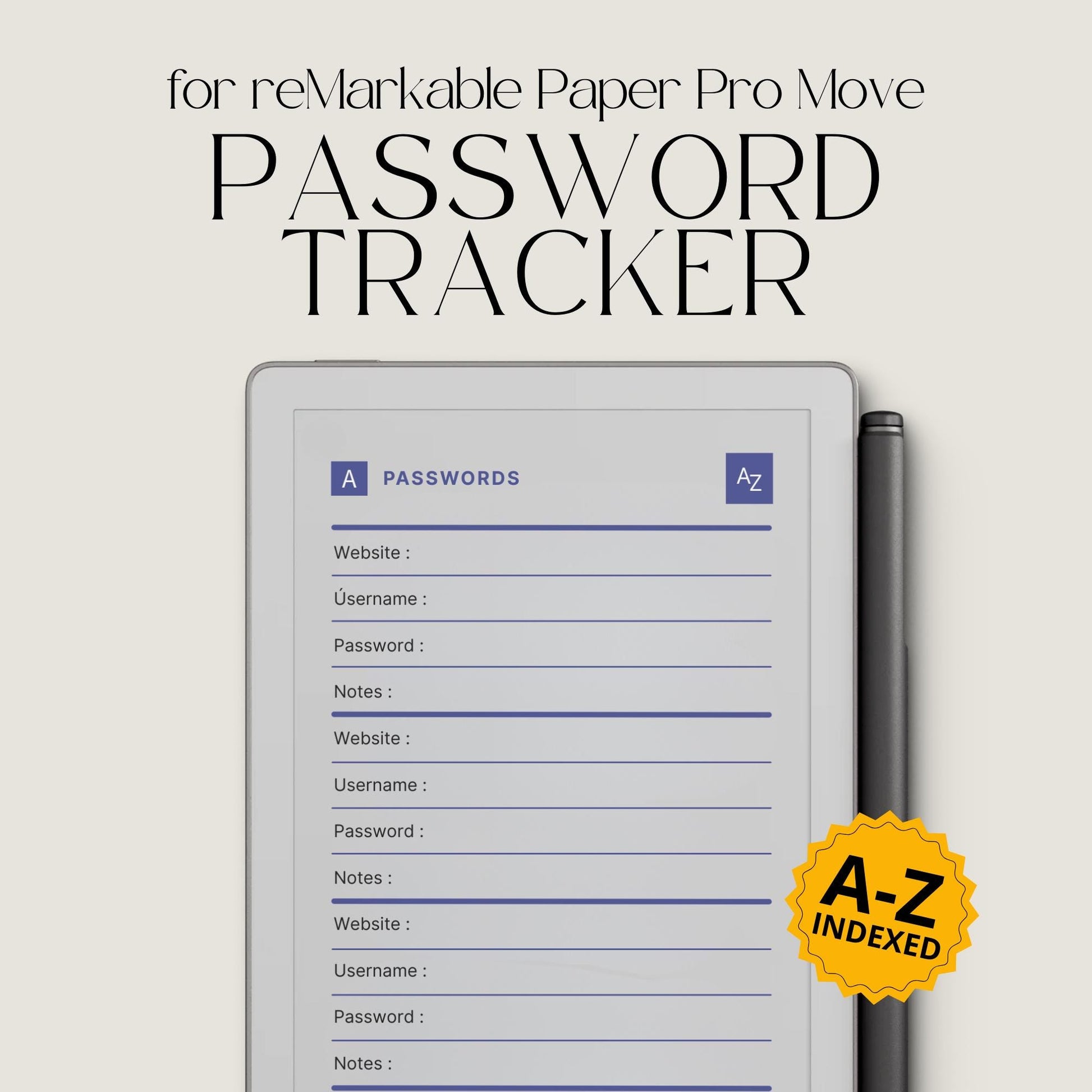 Hyperlinked password tracker PDF for reMarkable Paper Pro Move with alphabetical index and organized login pages.