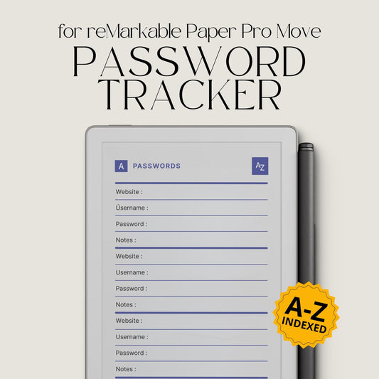Hyperlinked password tracker PDF for reMarkable Paper Pro Move with alphabetical index and organized login pages.
