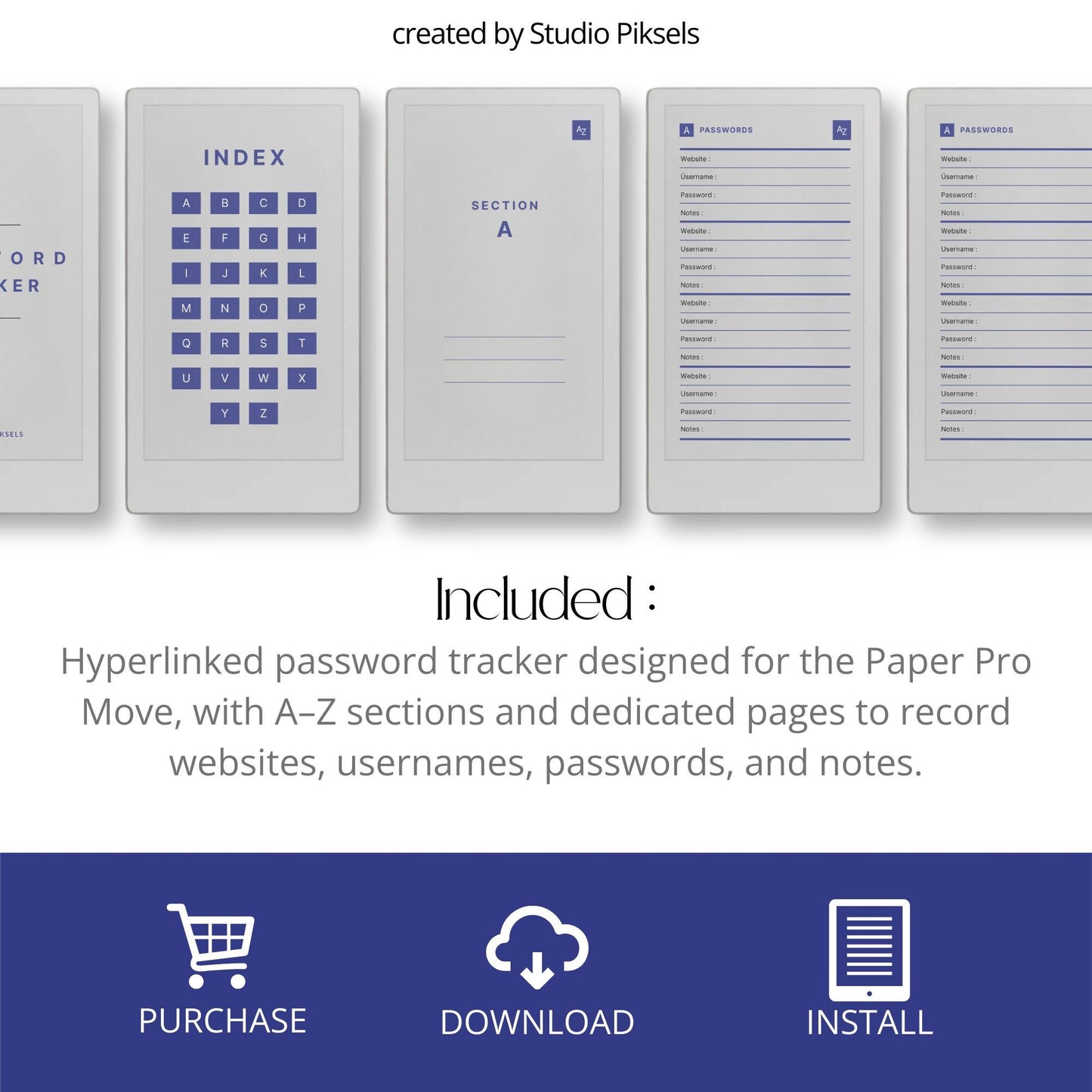 Hyperlinked password tracker PDF for reMarkable Paper Pro Move with alphabetical index and organized login pages.
